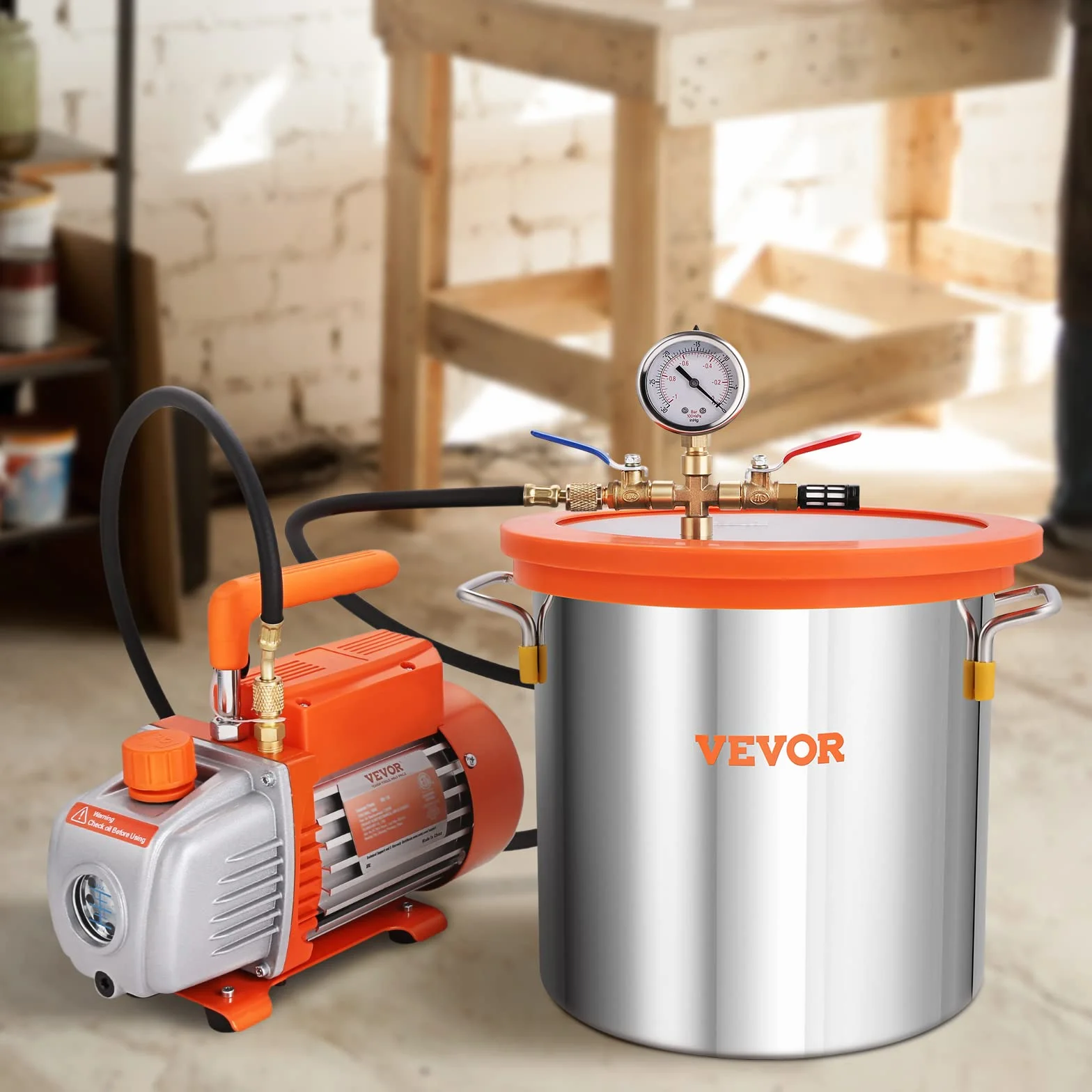 VEVOR Kit de cámara de vacío de 3 galones y bomba de 100 L/min kit de cámara de desgasificación al vacío con tapa de vidrio templado, bomba de vacío de una etapa con botella de aceite de 250 ml