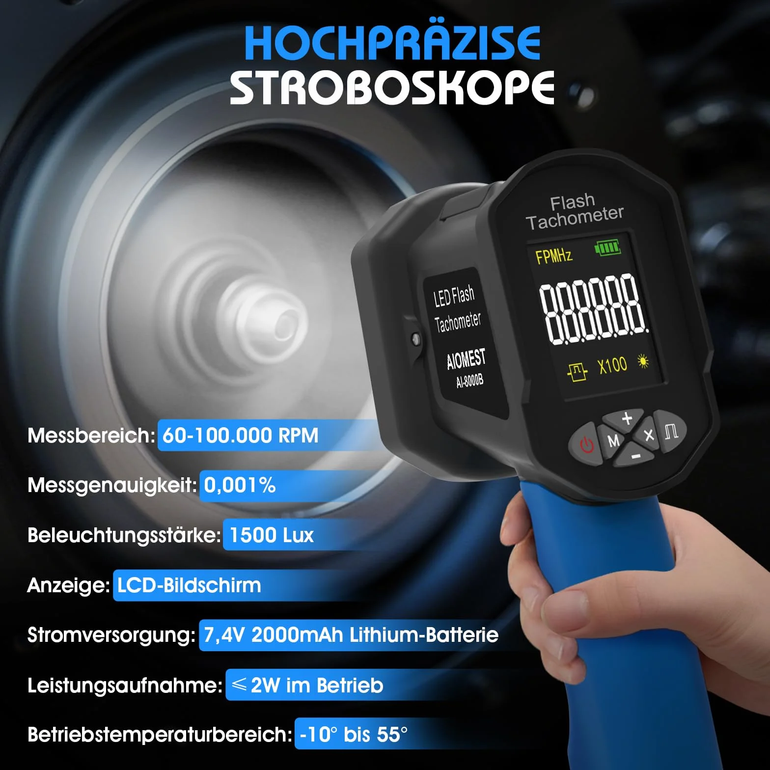 RPM Estroboscopio Digital AIOMEST AI-8000B Medidor de RPM Sin Contacto 60~100.000 RPM/Hz Alta Precisión 0,001% Luz Estroboscópica Ajustable