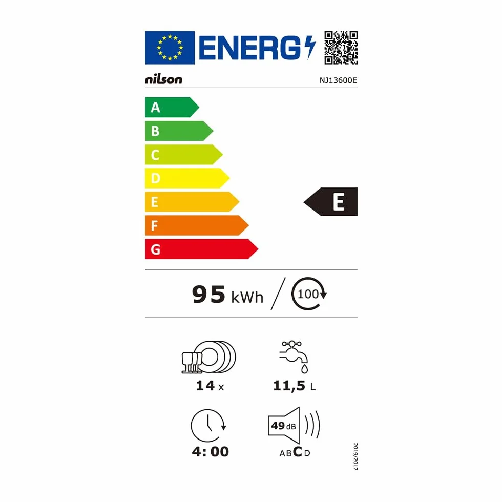 Nilson Lavavajillas 60cm Blanco NJ13600E 1890W 14 Cubiertos 6 Programas Eficiencia Energética Clase E