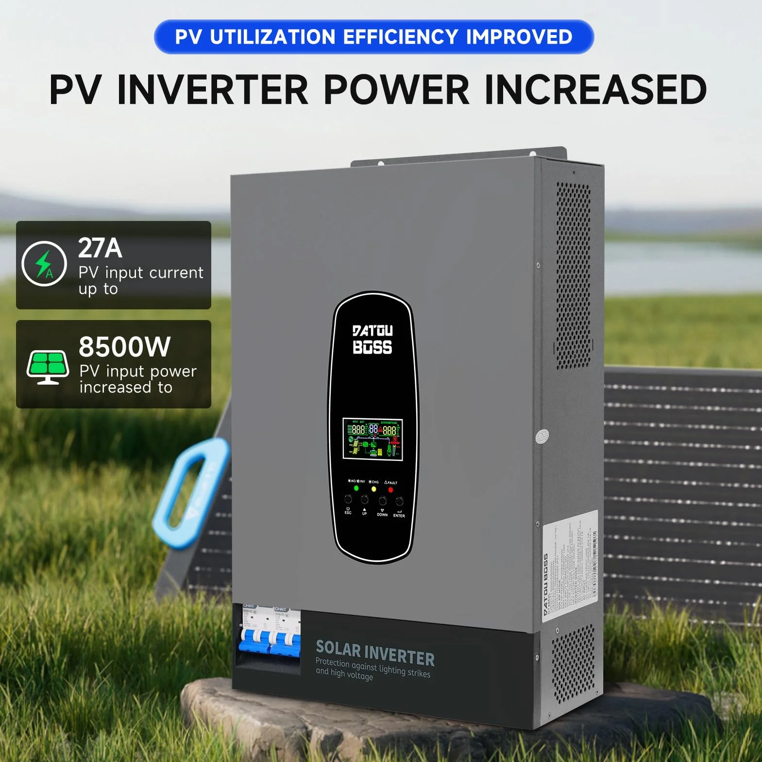DATOUBOSS 6200W Inversor Híbrido 48V,Inversor Solar Híbrido 48v de Onda Sinusoidal Pura,Potencia de Entrada fotovoltaica de 8500W,Admite Funcionamiento sin Batería,120A MPPT,con WiFi