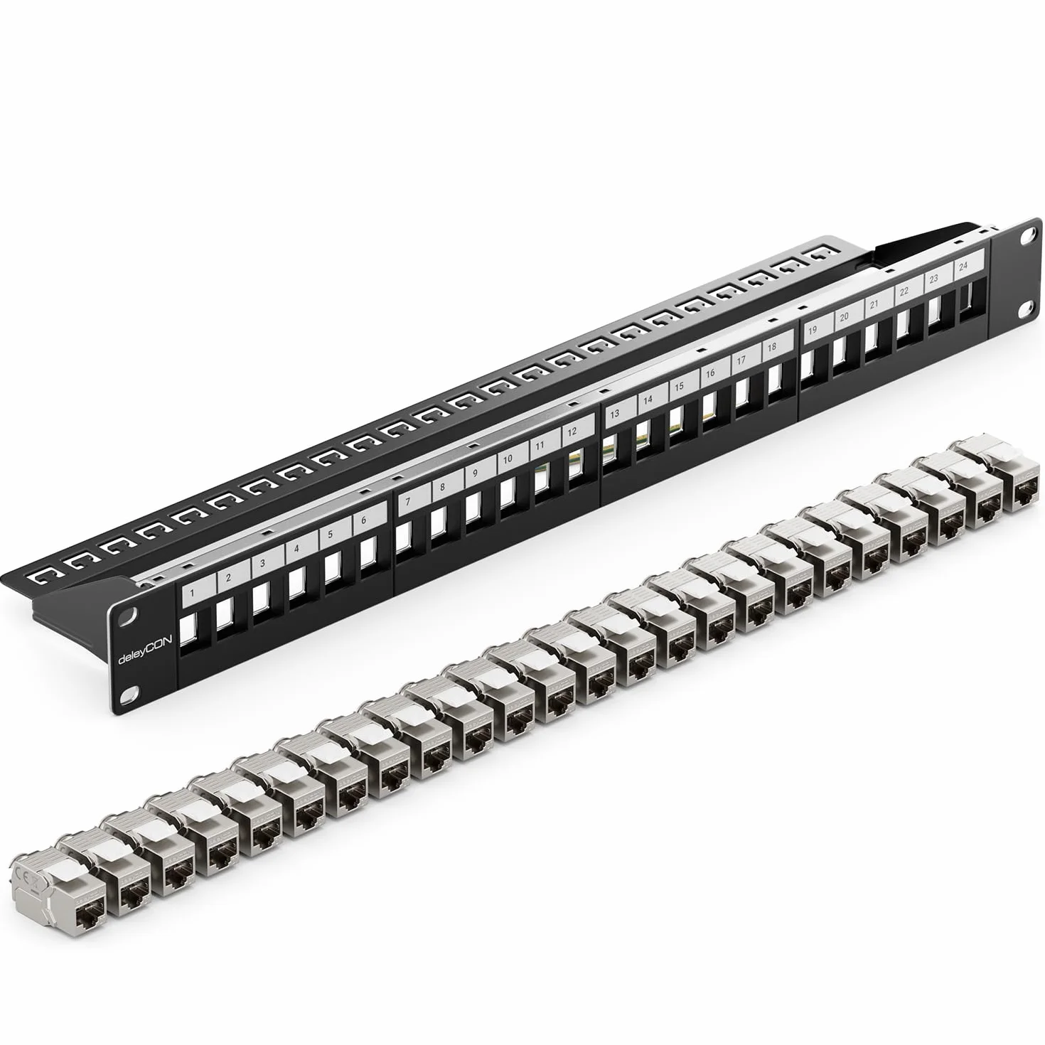deleyCON 24 Puerto CAT7 Patchpanel SET Campo de Distribución Modular 1 HE 19" Pulgadas Instalación en Rack + 24 Módulos Keystone CAT 7 RJ45 LAN Red 10 Gbit/s 600 MHz Cables de Descarga Negro