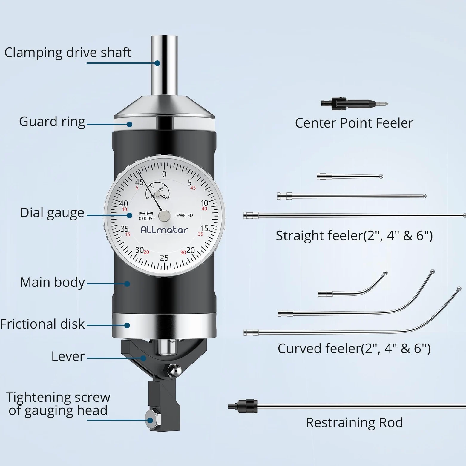 Indicador de prueba con esfera de centrado coaxial, rango de 0 a 0,4 cm con resolución de 0 cm, indicador coaxial para fresadoras y escariadoras, varilla de montaje de sujeción de 0,95 cm