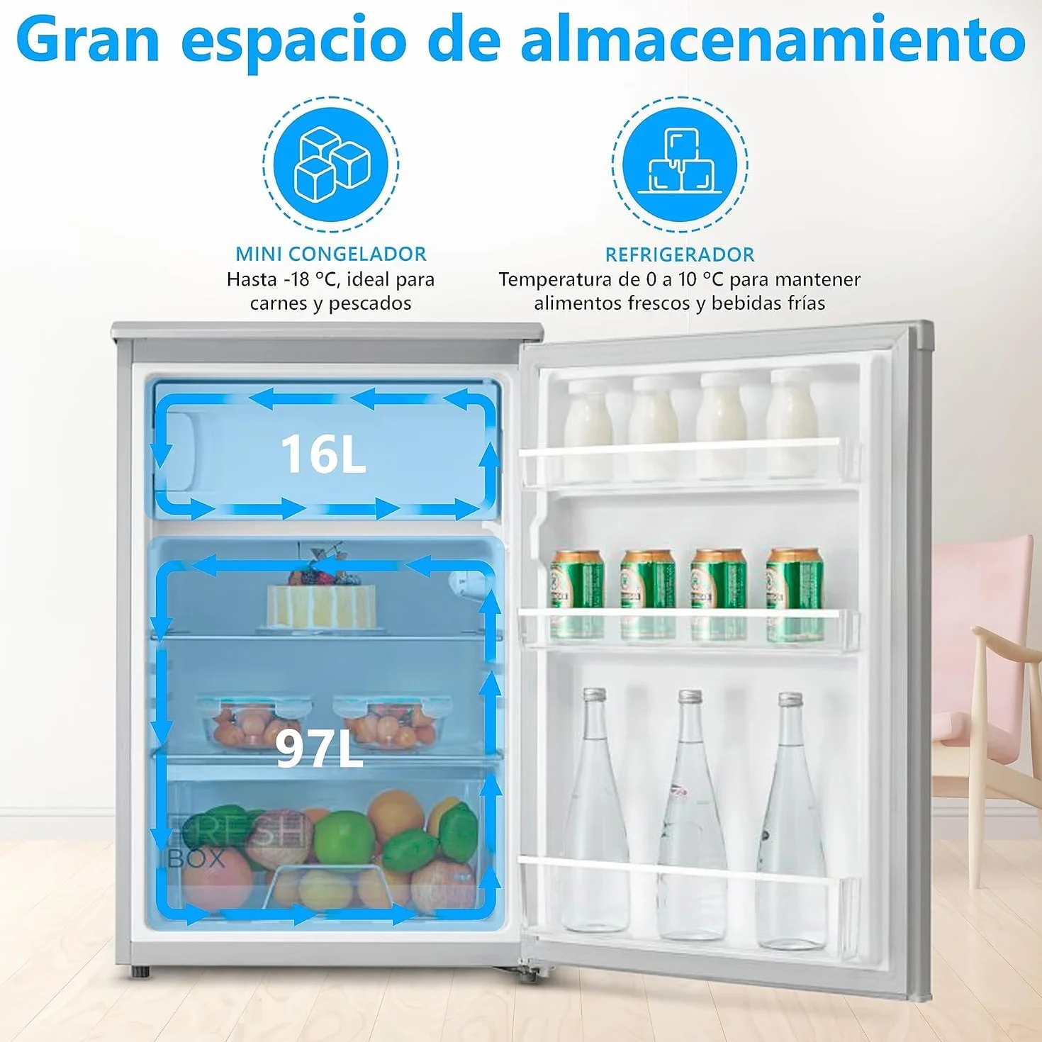 Midea Mini Frigorífico 113L con Congelador Silencioso 39dB Bajo Consumo
