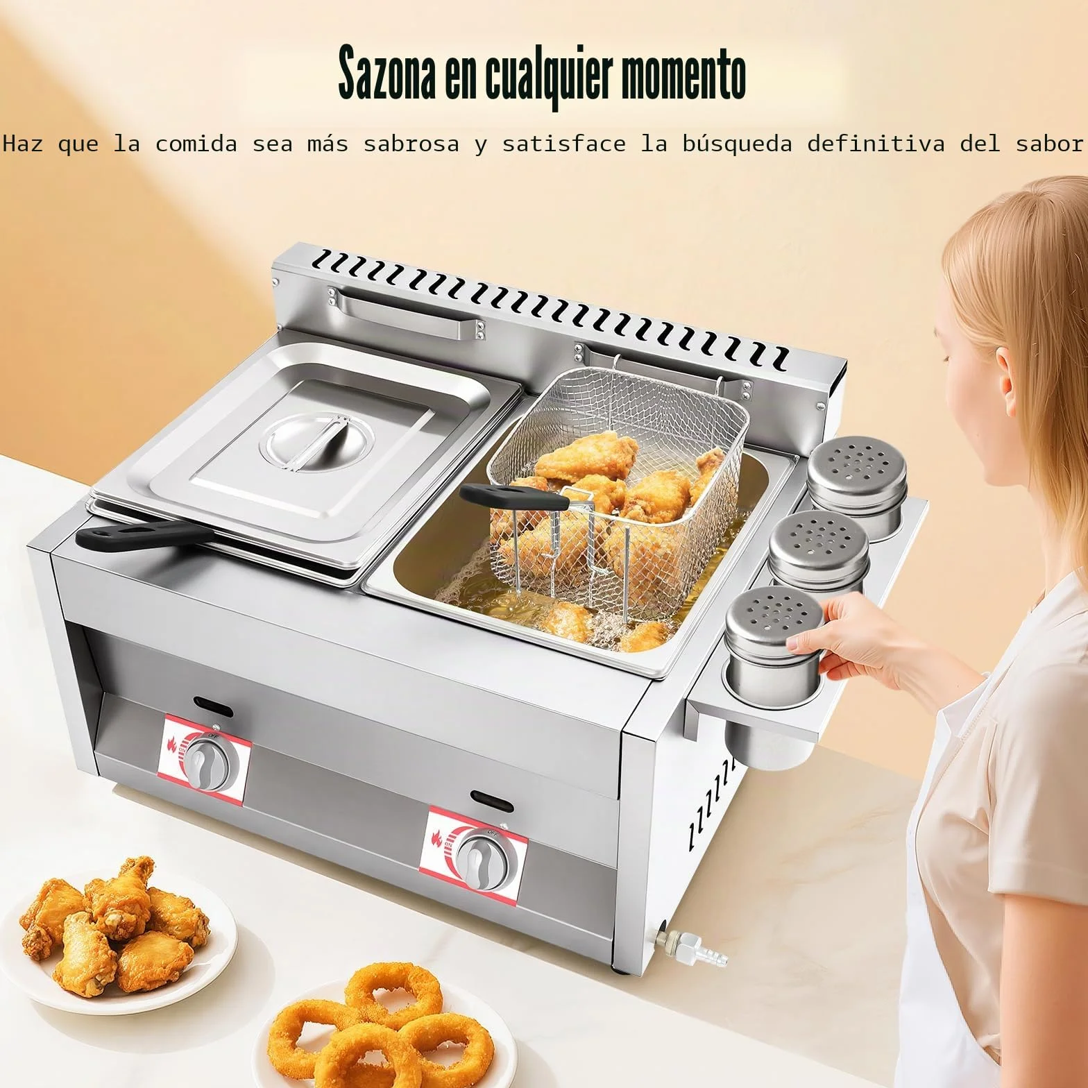Freidora de gas doble con 2 cestas, freidora de propano de acero inoxidable, rango de temperatura 50-380 °C, freidora de gas con 3 contenedores para especias para familias, restaurantes, bocadillos