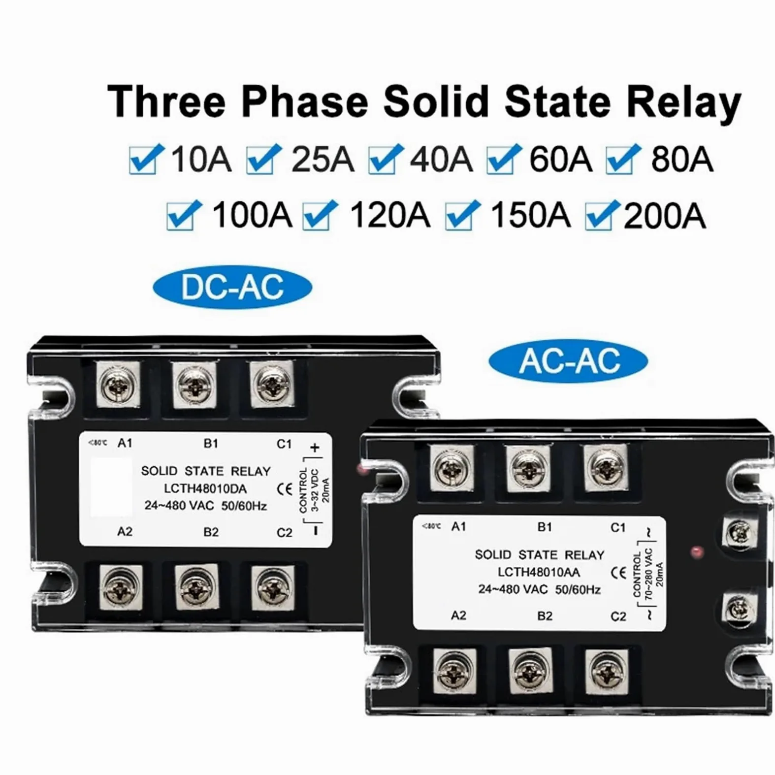 Relé de estado sólido trifásico 10 A, 25 A, 40 A, 60 A, 80 A, 100 A, 120 A, 150 A, 200 A, control de, control de CC, CA, 25 A, 380 V(AC-AC,10A)