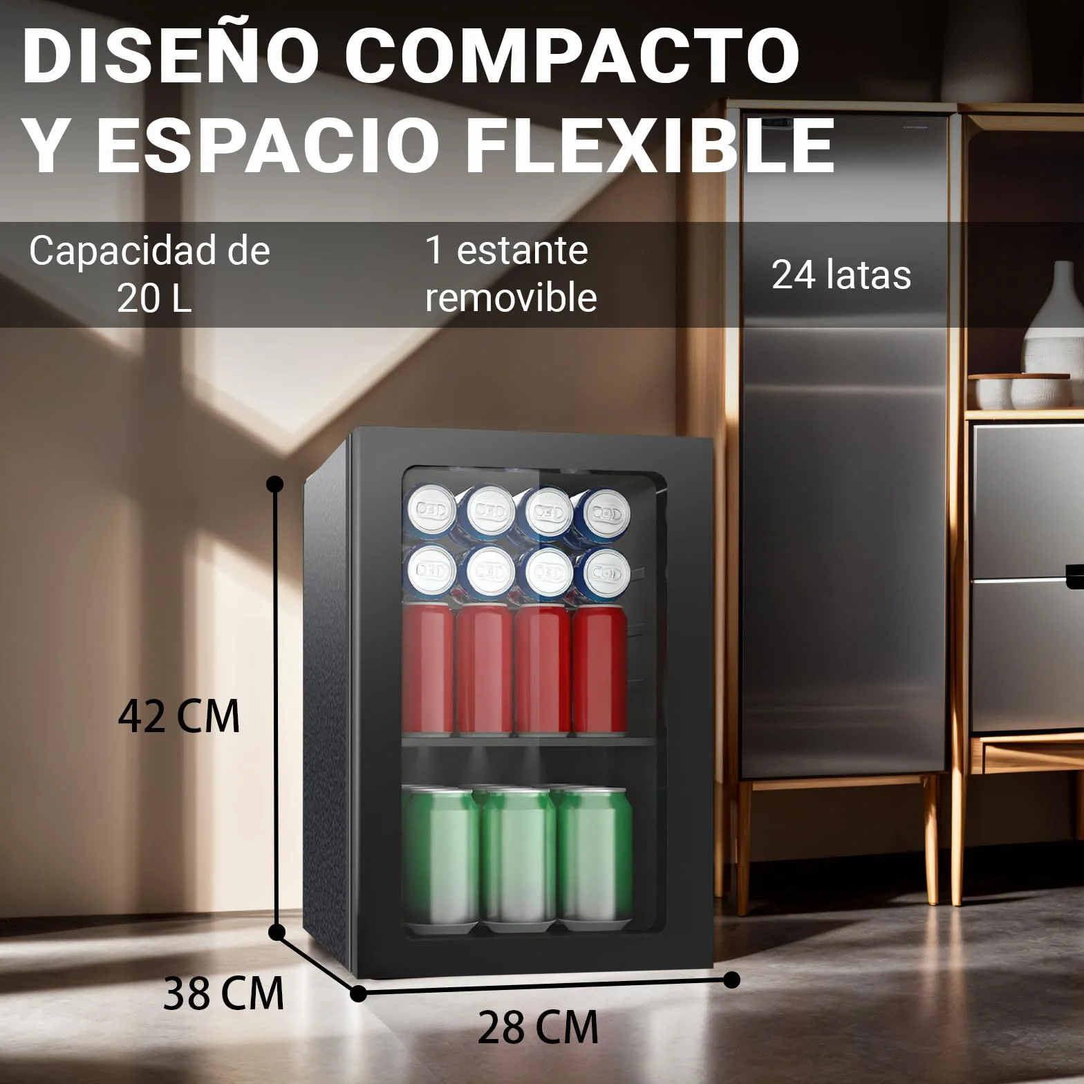 Frigorífico para bebidas 24 latas 20 litros minifrigorífico puerta transparente estantes extraíbles ajustables