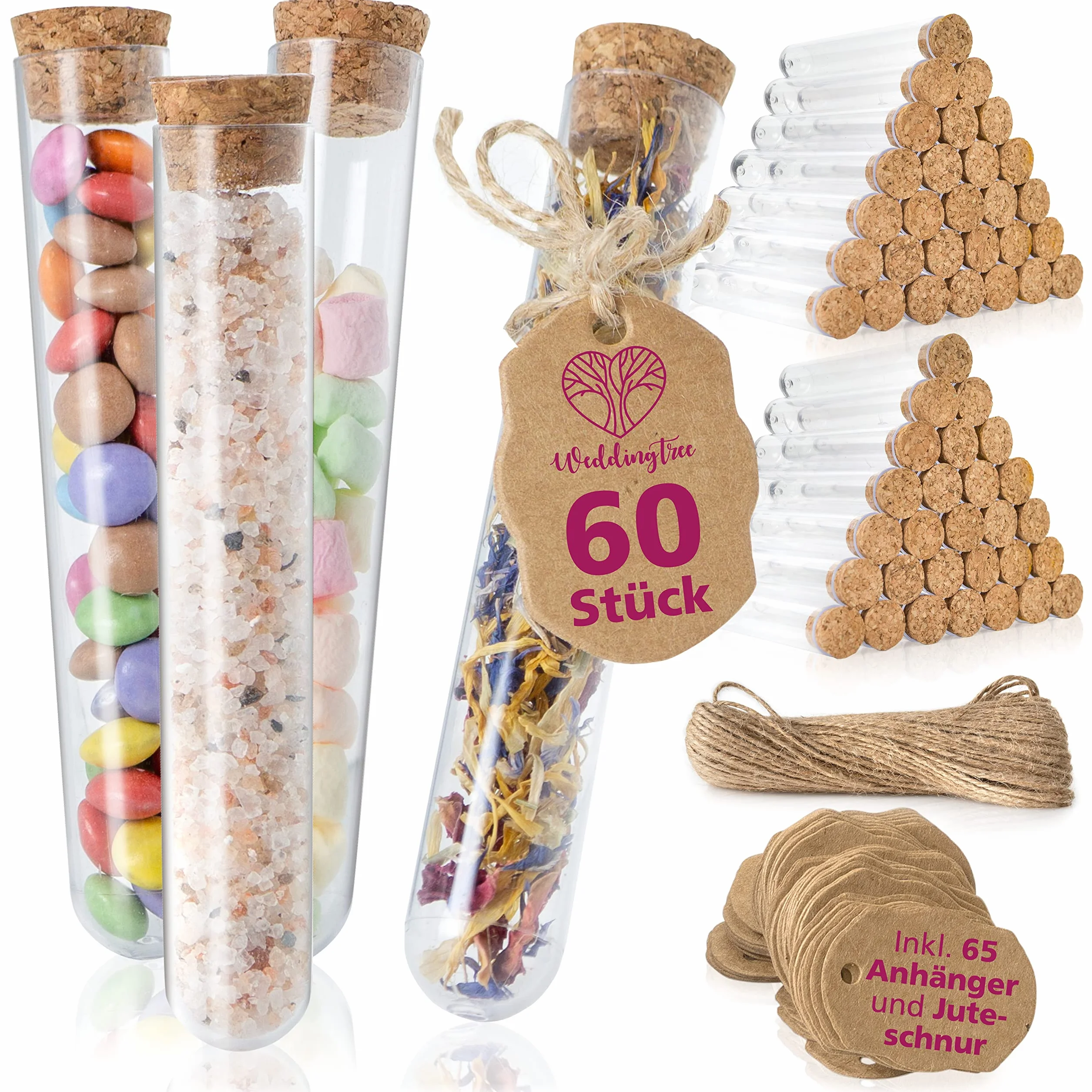 Tubos Ensayo Plastico 20 ml - Probetas para Bodas con Corcho, Cordón de Yute y Etiqueta