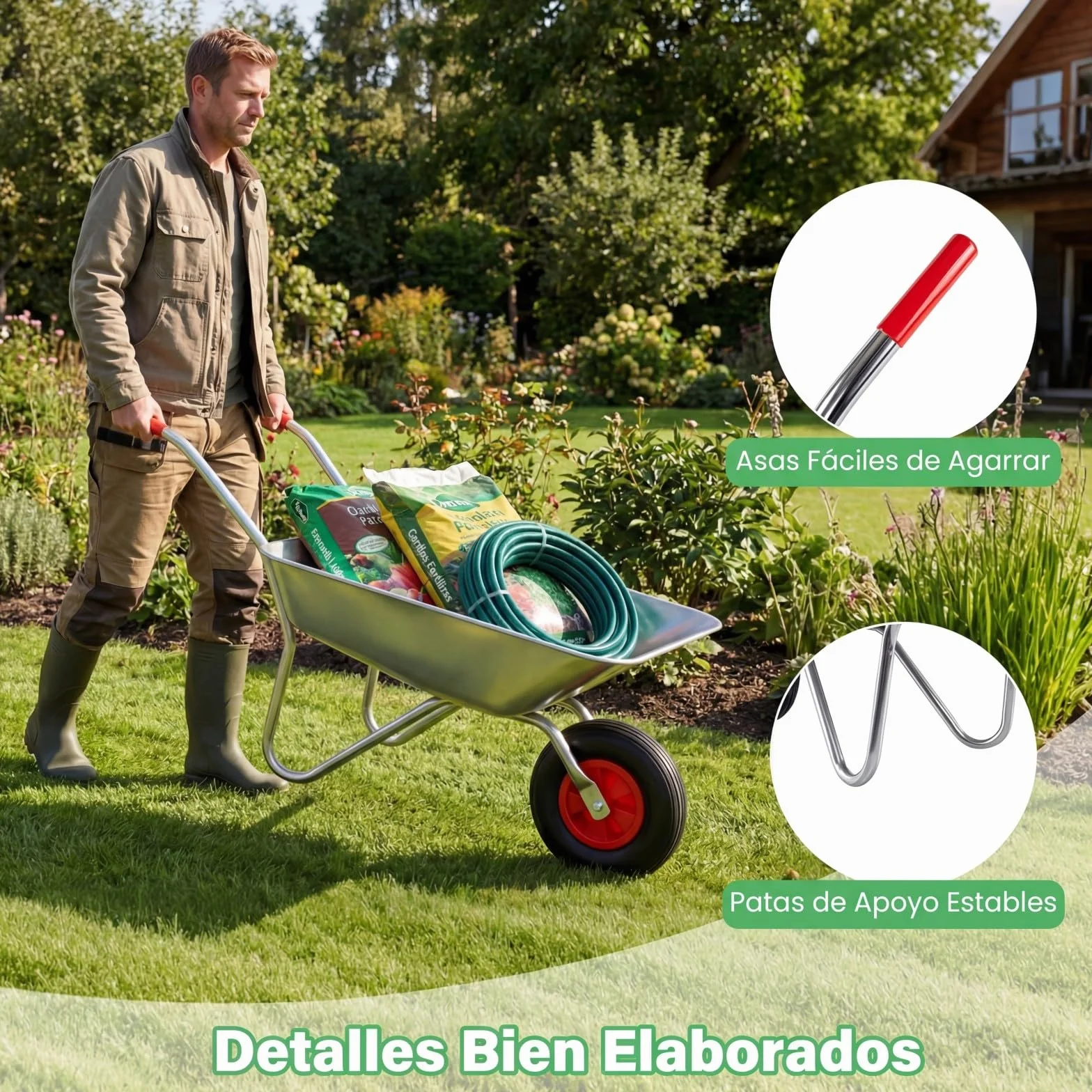 COSTWAY Carretilla de Obra, Galvanizado Metal, Carga 136kg, 62,5 L, Carretilla Jardín con 2 Manillares y Neumático Grande de Goma, Césped Jardín Patio Granja