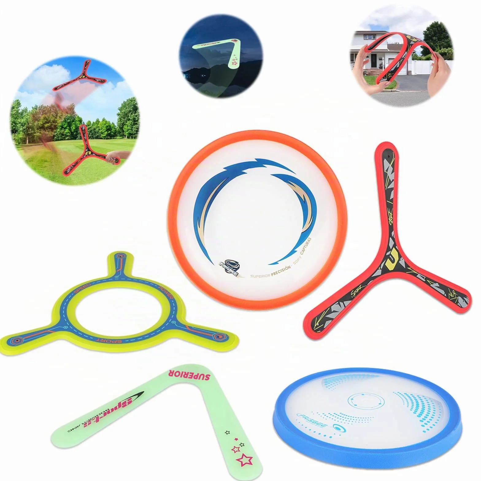 deAO Boomerang 5 Piezas Bumerán Clásico Brilla Oscuridad Volador Aire Libre Juguete Niños Adultos