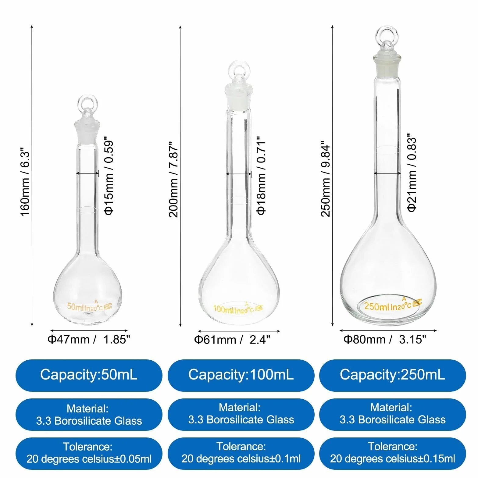 Set de Matraces Aforados de Vidrio Borosilicato 3.3, 50ml 100ml 250ml con Tapón de Vidrio para Laboratorio