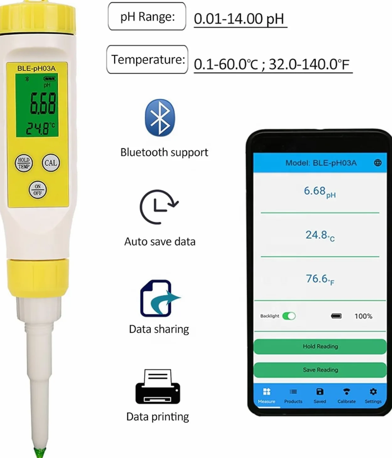 Genérico Medidor De Ph De Grado Alimenticio con Control Automático De Temperatura Y Resolución De 0