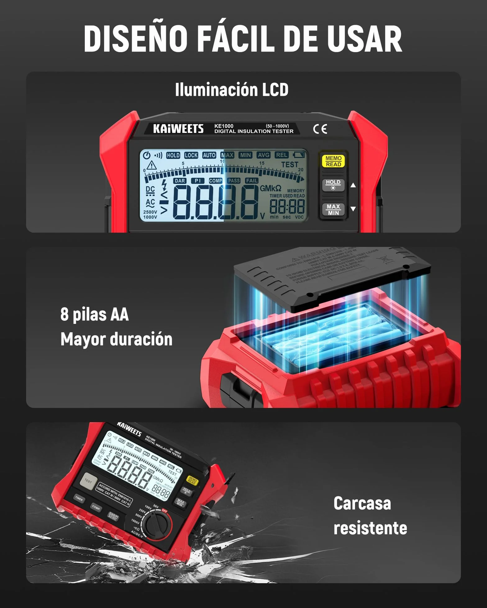 KAIWEETS Medidor de aislamiento de resistencia de aislamiento de hasta 100 GΩ, 50 V/100 V/250 V/500 V/1000 V, DAR/PI, con prueba de voltaje CA/CC para motores, solar, HVAC