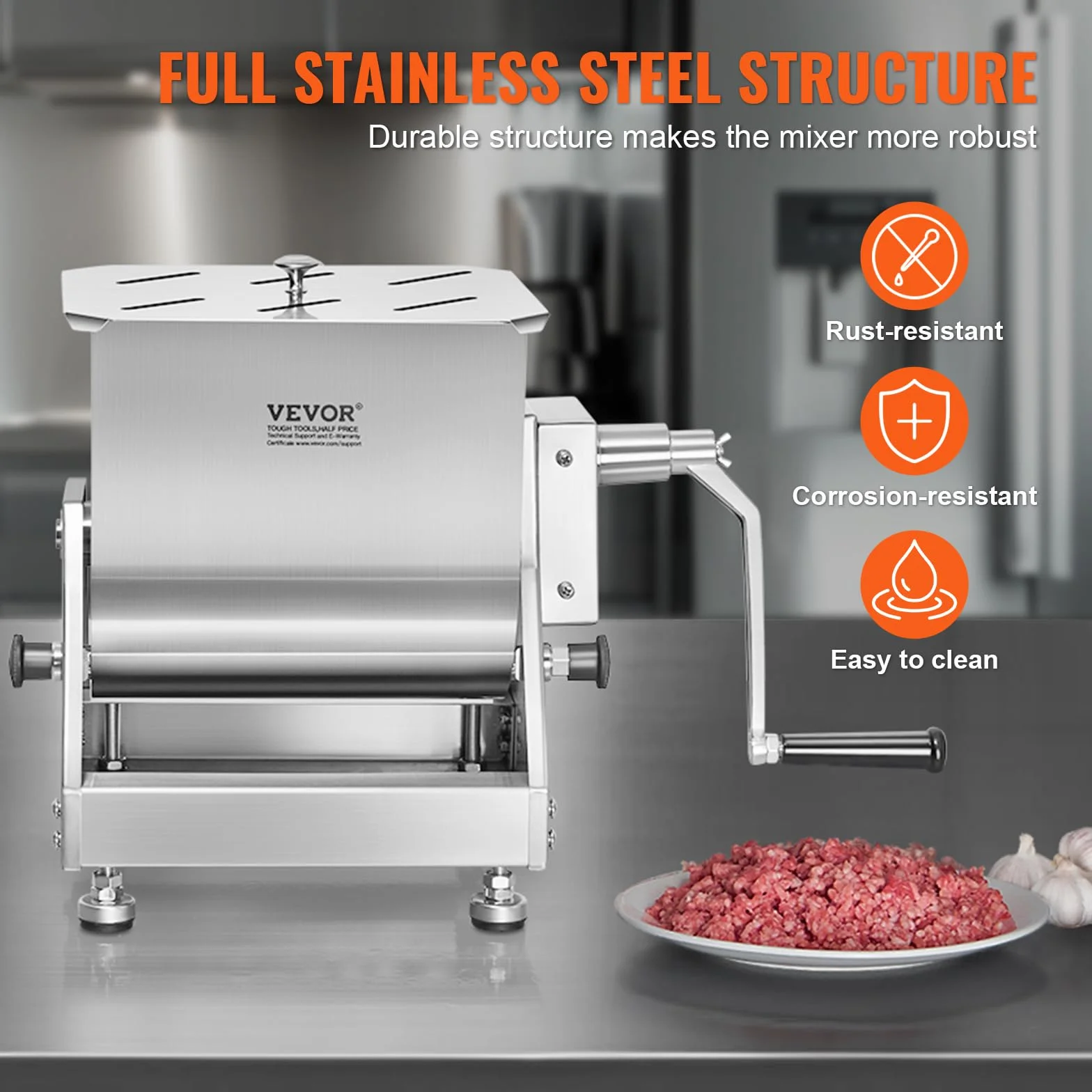 VEVOR Mezcladora de Carne Manual Tanque Basculante Equipo de Procesamiento de Carne Mezcla Máxima de 13,6 kg Mezcladora de Salchichas de Acero Inoxidable con Tapa, Manija, Reductor de Engranajes