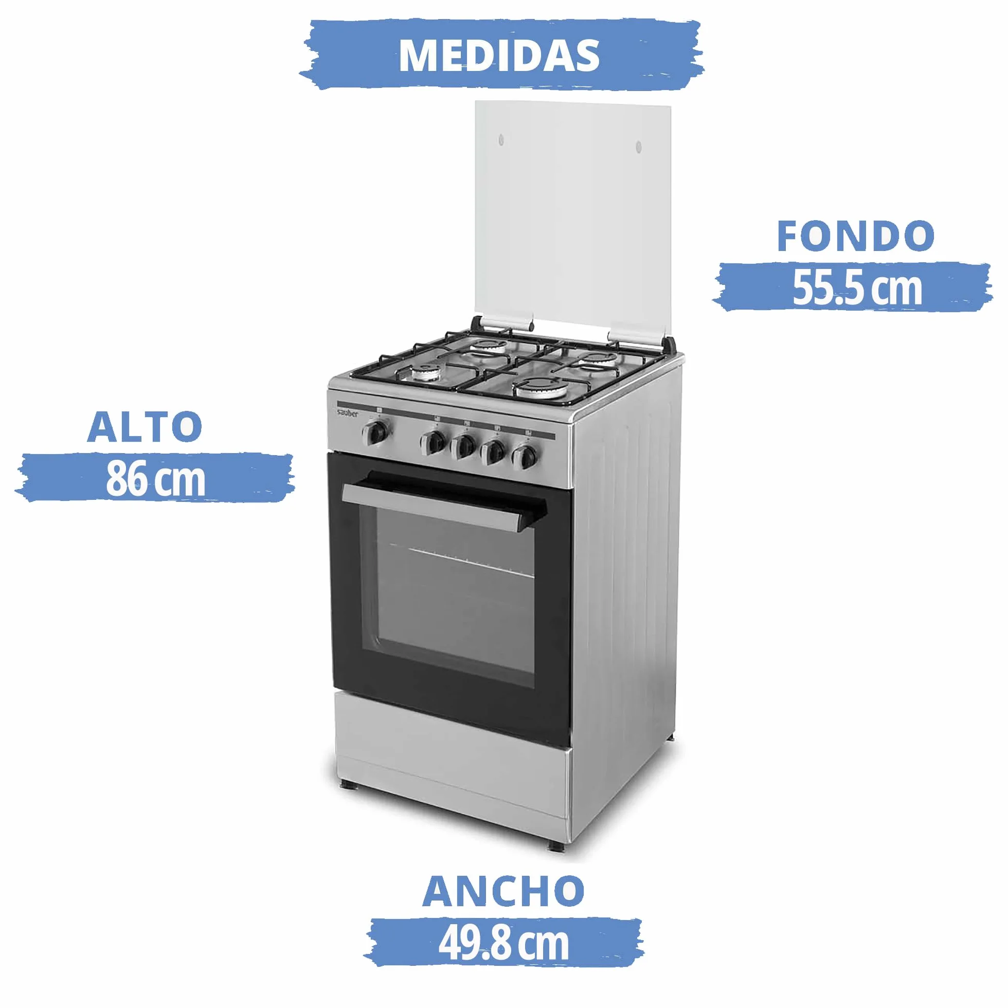 Sauber COCINA SCI41GB 4 Quemadores Gas Butano 50X55 Tapa Cristal Inox