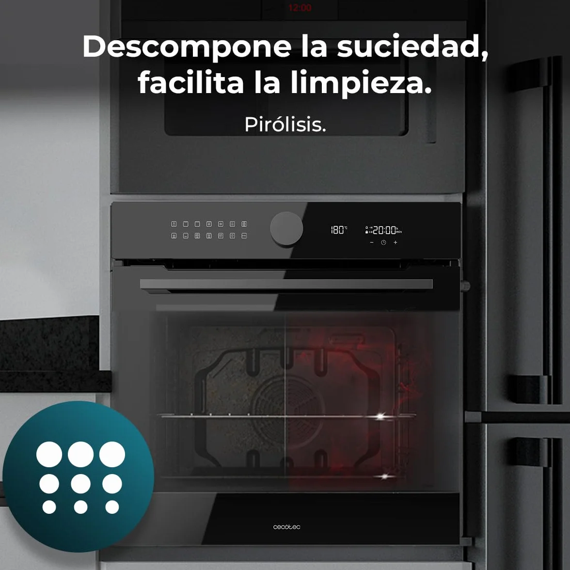 Cecotec Horno Integrable Pirolítico 73L Bolero Hexa P516000 Glass Black 3250W 14 Funciones Dual Display Airfryer Master Convección