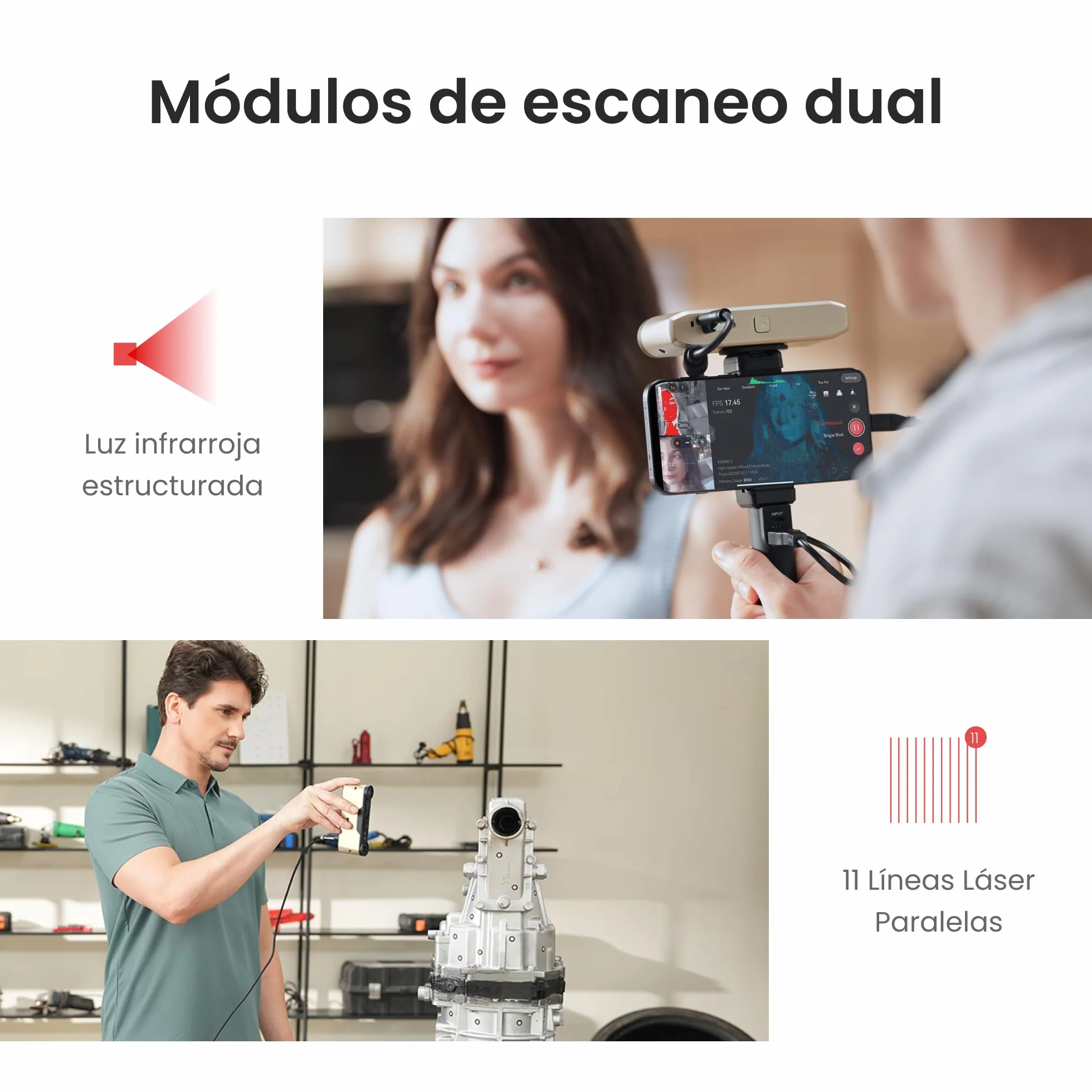 Revopoint INSPIRE 2 Escáner 3D para Impresión 3D, Precisión hasta 0,03 mm, Láser Multilínea y Luz Estructurada, Escaneo Inalámbrico y Exterior, a Todo Color, para iOS/Android/Win10/11, Estándar
