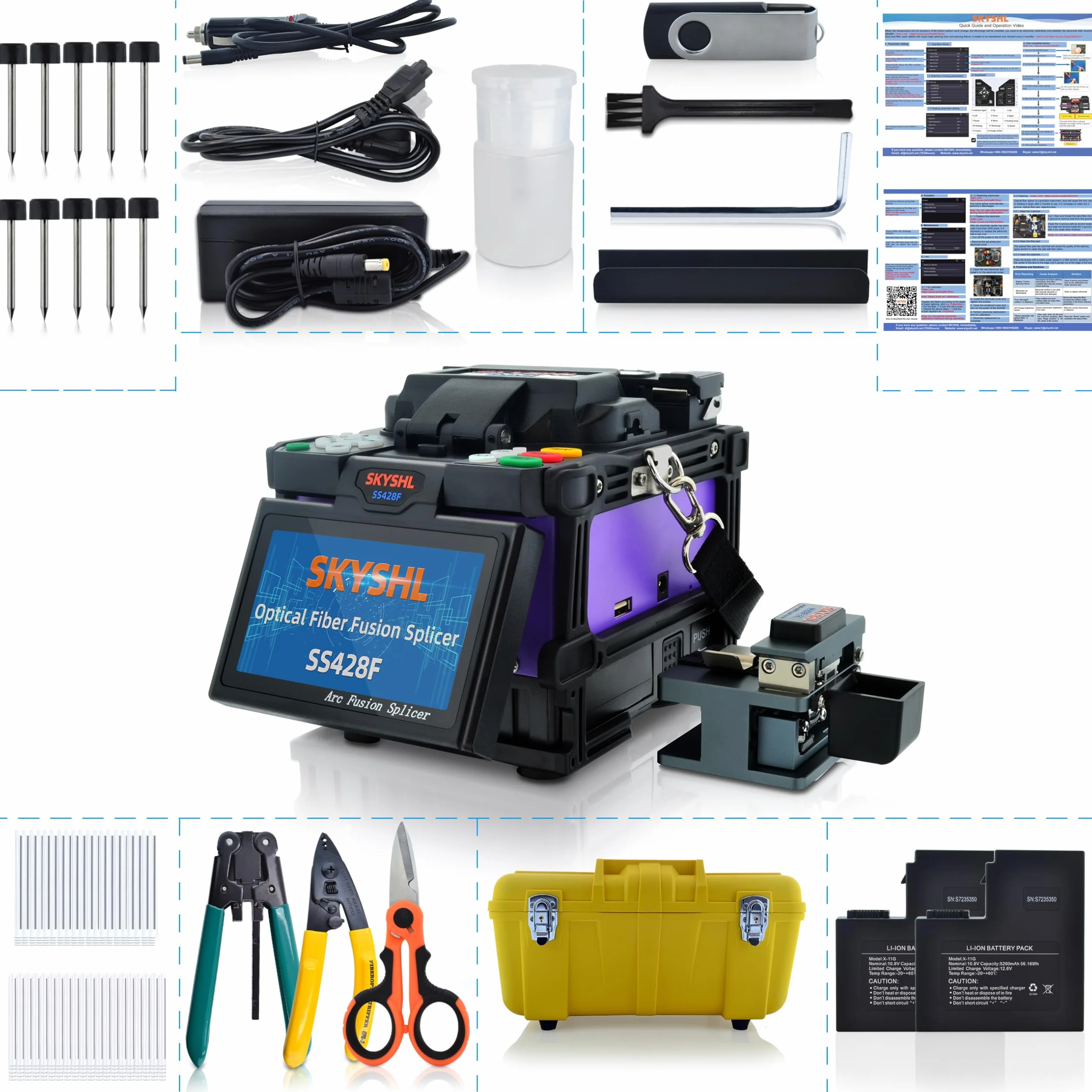 Pantalla Táctil de 4,3Pulgadas Soldadura Empalmadora de Fibra Optica (Con 10*Electrodos,2*Batería de Litio y Cargador de coche) FTTH Fusionadora Fiber Splicing Fusion Splicer (SS428F-521)