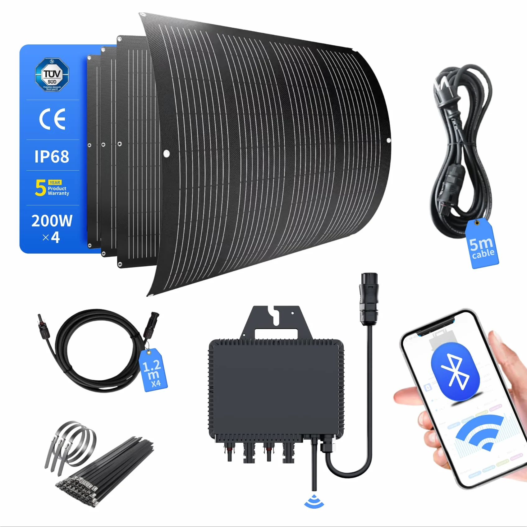 RC Kit 800W para Balkonkraftwerk con correas, 4 paneles solares flexibles de 200W – 800W con inversor conectado a la red WiFi, sistema fotovoltaico completo con enchufe para Balkonkraftwerk 800W
