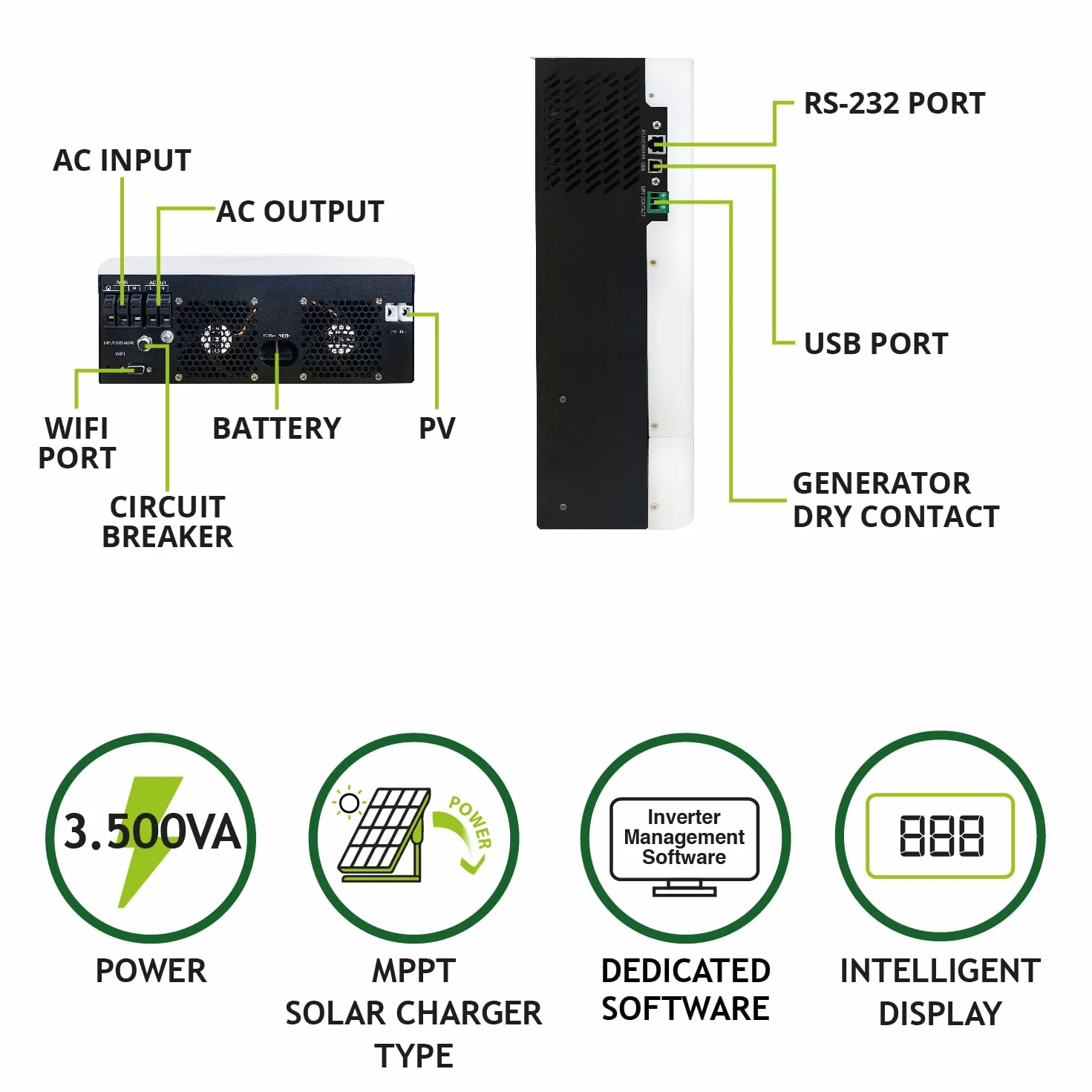 Tecnoware - Inversor Solar Híbrido 3500VA | Onda Sinusoidal Pura | Controlador de Carga MPPT 120V-450V | Alimentación Continua | Software Administración Solar Power, Blanco