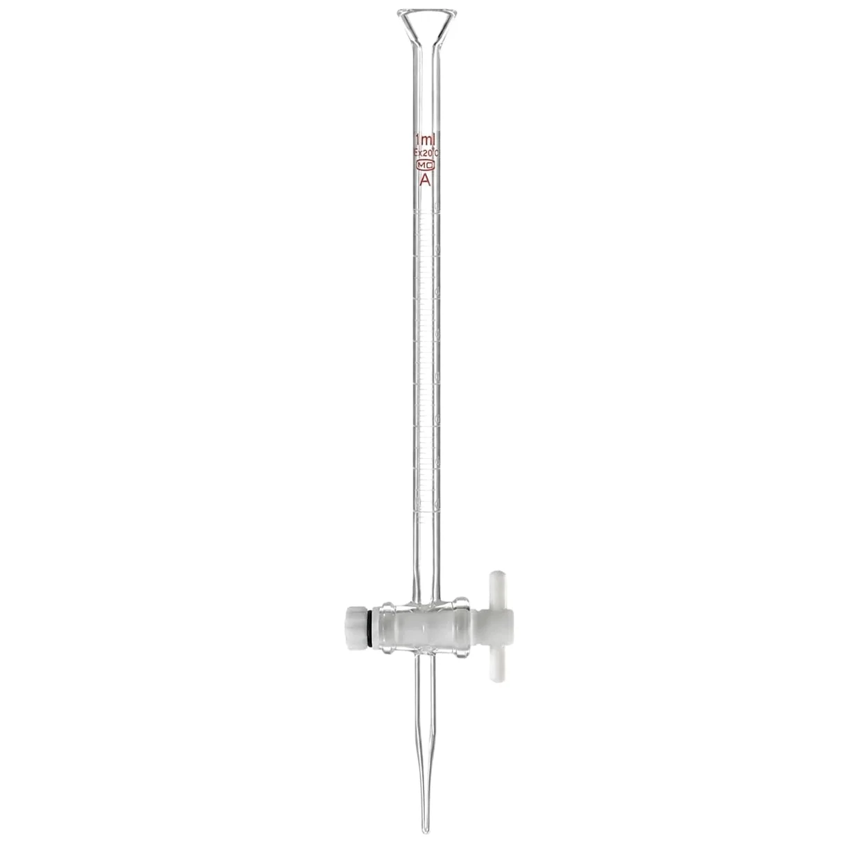 Bureta Vidrio Laboratorio Embudo Acampanado Válvula PTFE-1mL/0.01 | Material Vidrio Laboratorio Multiuso Ideal para Valoración y Análisis Multireactivo