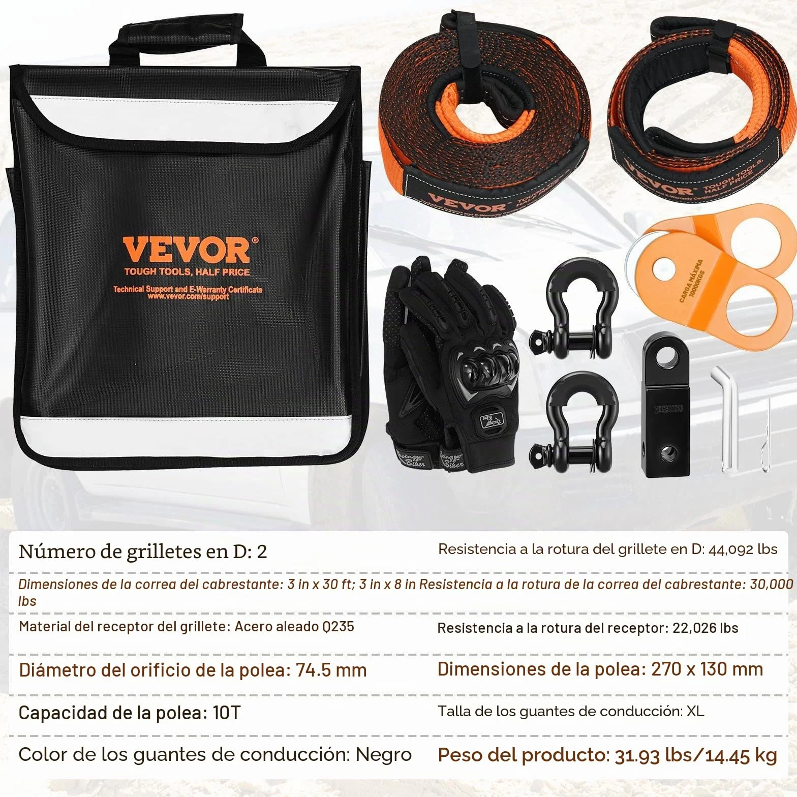 VEVOR 8 Piezas Kit de Recuperación Todoterreno Correas de Remolque 7,6x914,4 cm Grilletes con Anillo en D 13608 Kg Grillete Receptor de 20000 Kg Polea de Bloque Antidesgarro para Camión, Jeep, ATV