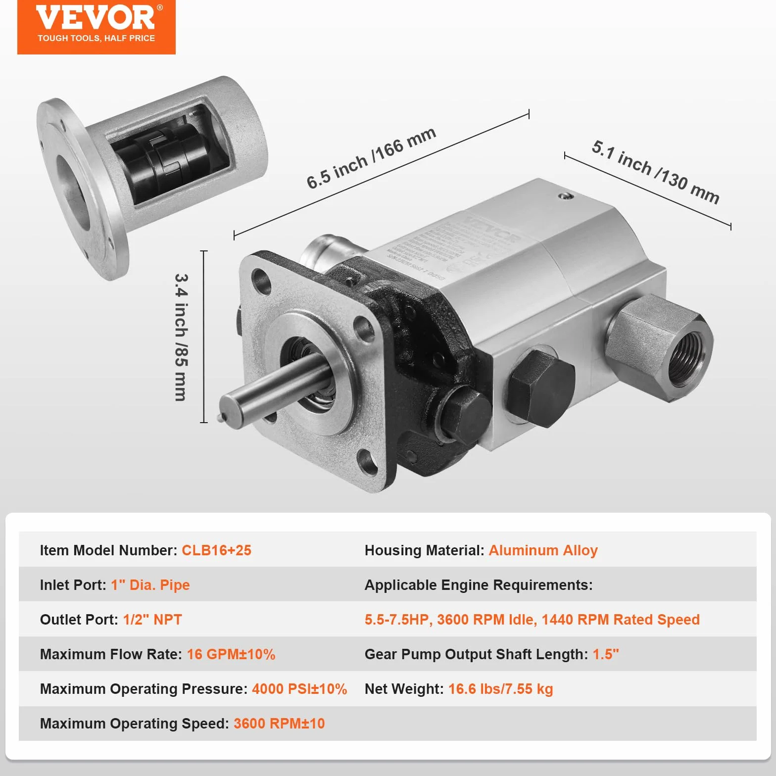 VEVOR Kit de bomba hidráulica de troncos, 16 GPM, bomba de engranajes hidráulica de aluminio de 2 etapas 4000 PSI, con válvula de entrada de 1'', salida NPT de 1/2'' 3600 RPM, para motor pequeño