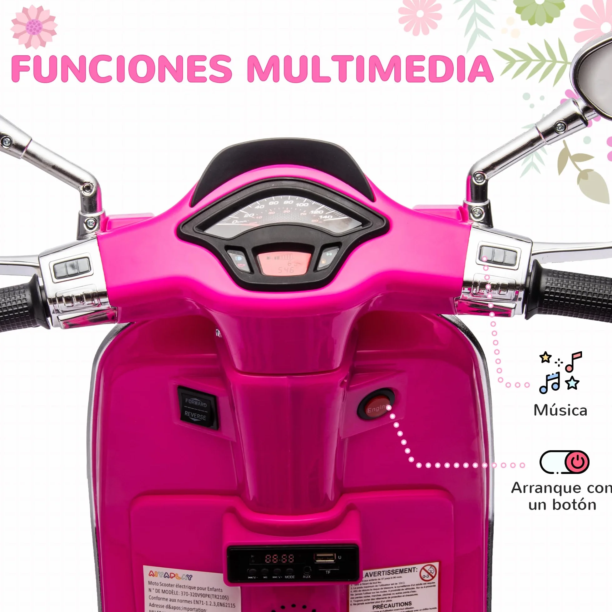 AIYAPLAY Vespa Moto Eléctrica para Niños 6V 3 km/h Carga 35 kg Rosa