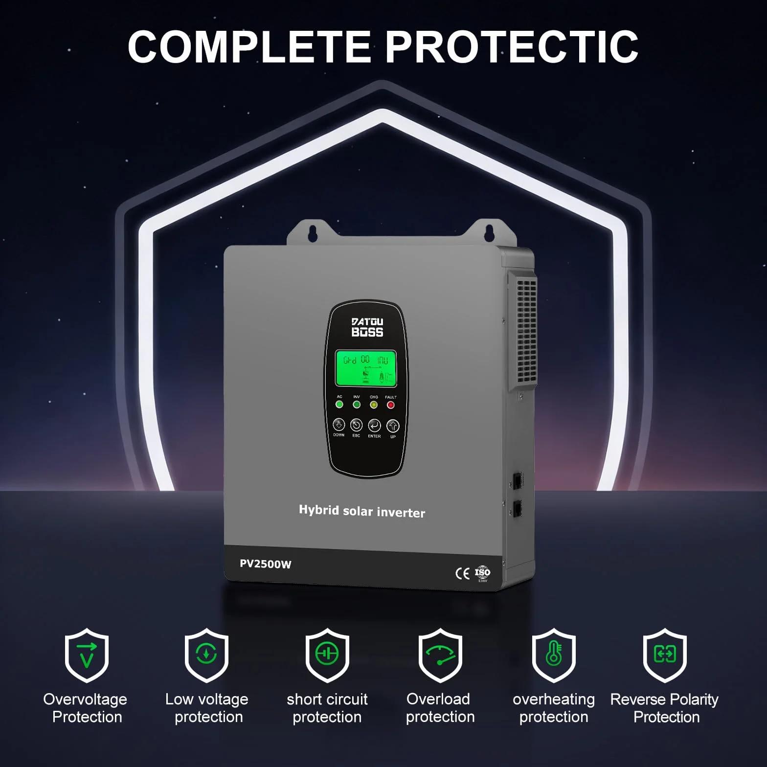 DATOUBOSS Inversor Solar Híbrido 1800W 12V Onda Sinusoidal Pura 12V a 230V con Regulador MPPT Sistema BMS Compatible con Baterías de Plomo Ácido y Litio Sistema Solar Off Grid