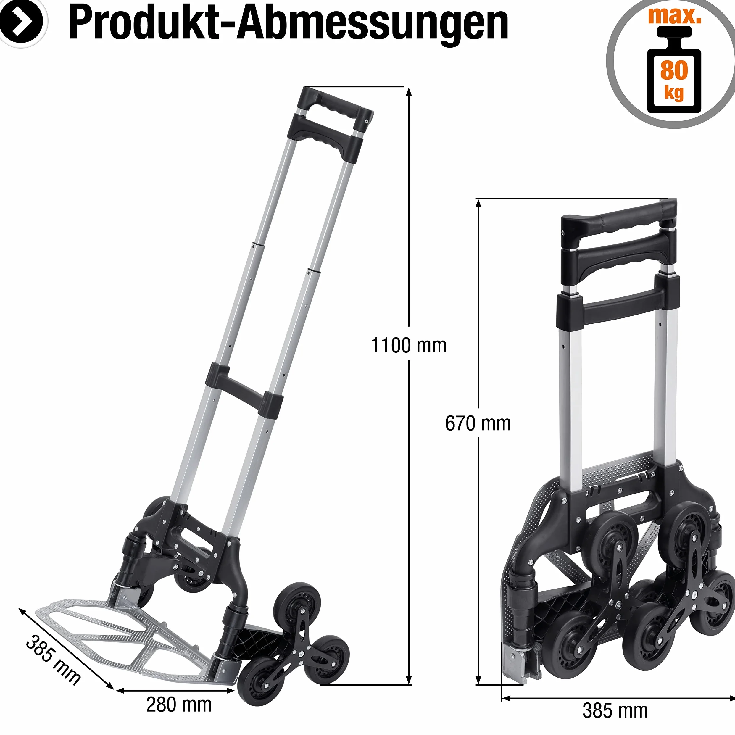 Meister 8985840 - Carretilla de Mano para escalones (80 kg, 3 x 3 escaleras, Plegable, Incluye Ruedas, Mango Ajustable en Tres Alturas, de Aluminio)