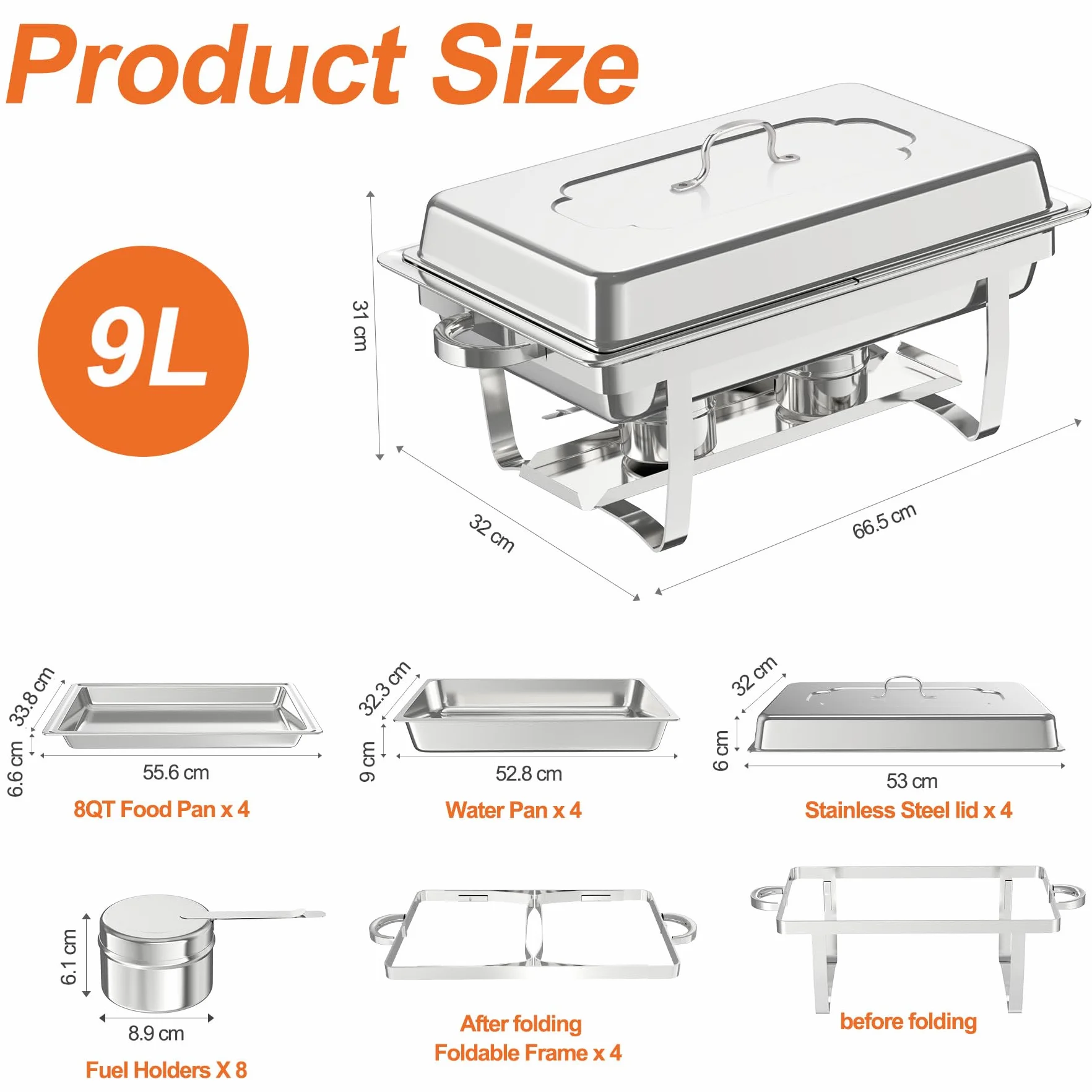 Juego de 4 Platos Calentadores Buffet 9L Acero Inoxidable Rectangular con Bandeja y Marco Plegable
