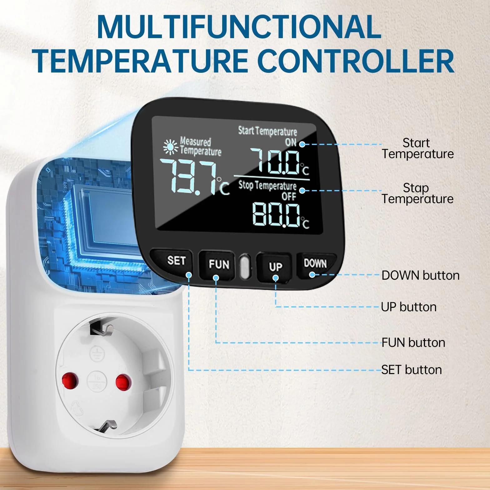 Enchufe controlador de temperatura digital 230V con sensor y interruptor de calefacción y enfriamiento