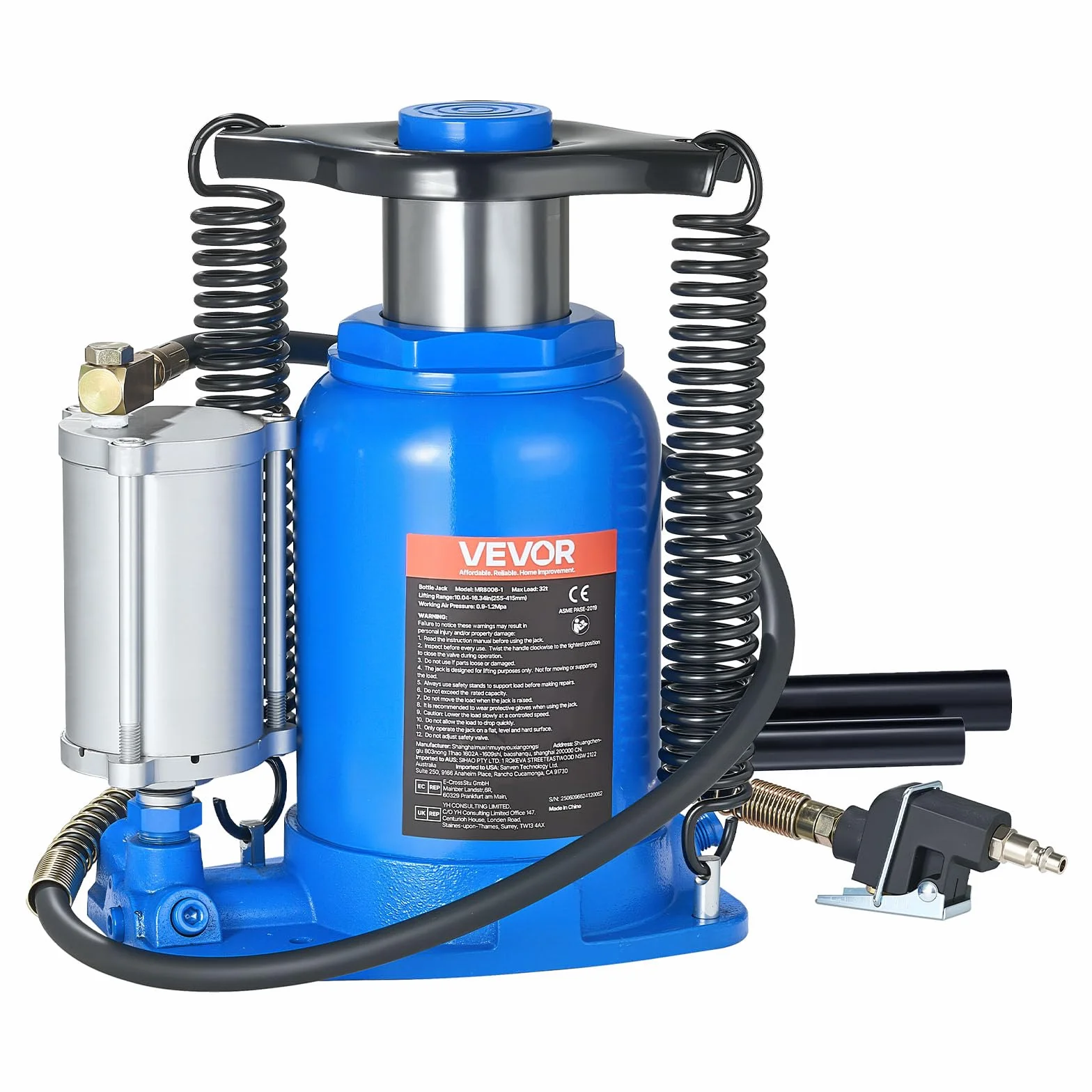 VEVOR Gato Neumático 32T Elevación 255-415mm Bomba SUV Camionetas Autocaravanas Azul 0.9-1.2 MPa