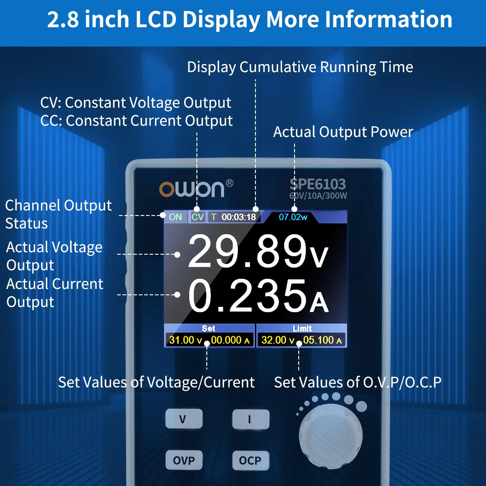OWON SPE6103 Fuente de alimentación de CC programable, 300 W, 60 V/10 A, protección múltiple 4 dígitos de Alta precisión, Pantalla LCD TFT de 2,8 Pulgadas con Puerto USB