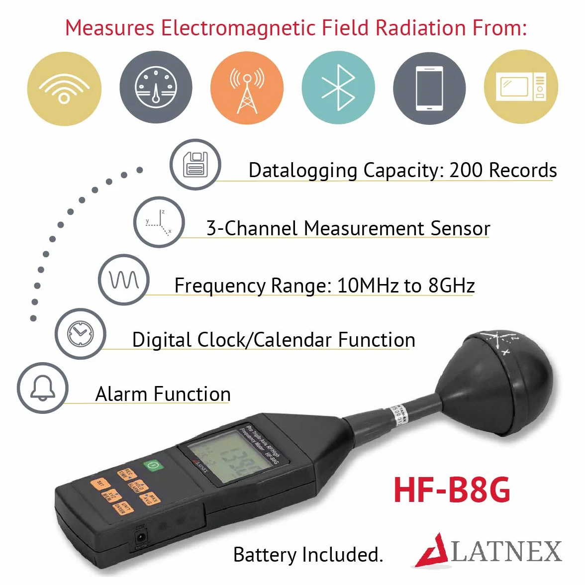 Medidor RF EMF HF-B8G Alta frecuencia 10MHz-8GHz. Mide niveles de radiación de amplio rango de torres de telefonía móvil, medidores inteligentes, Wi-Fi, 3G y 4G, Bluetooth, inspecciones de viviendas