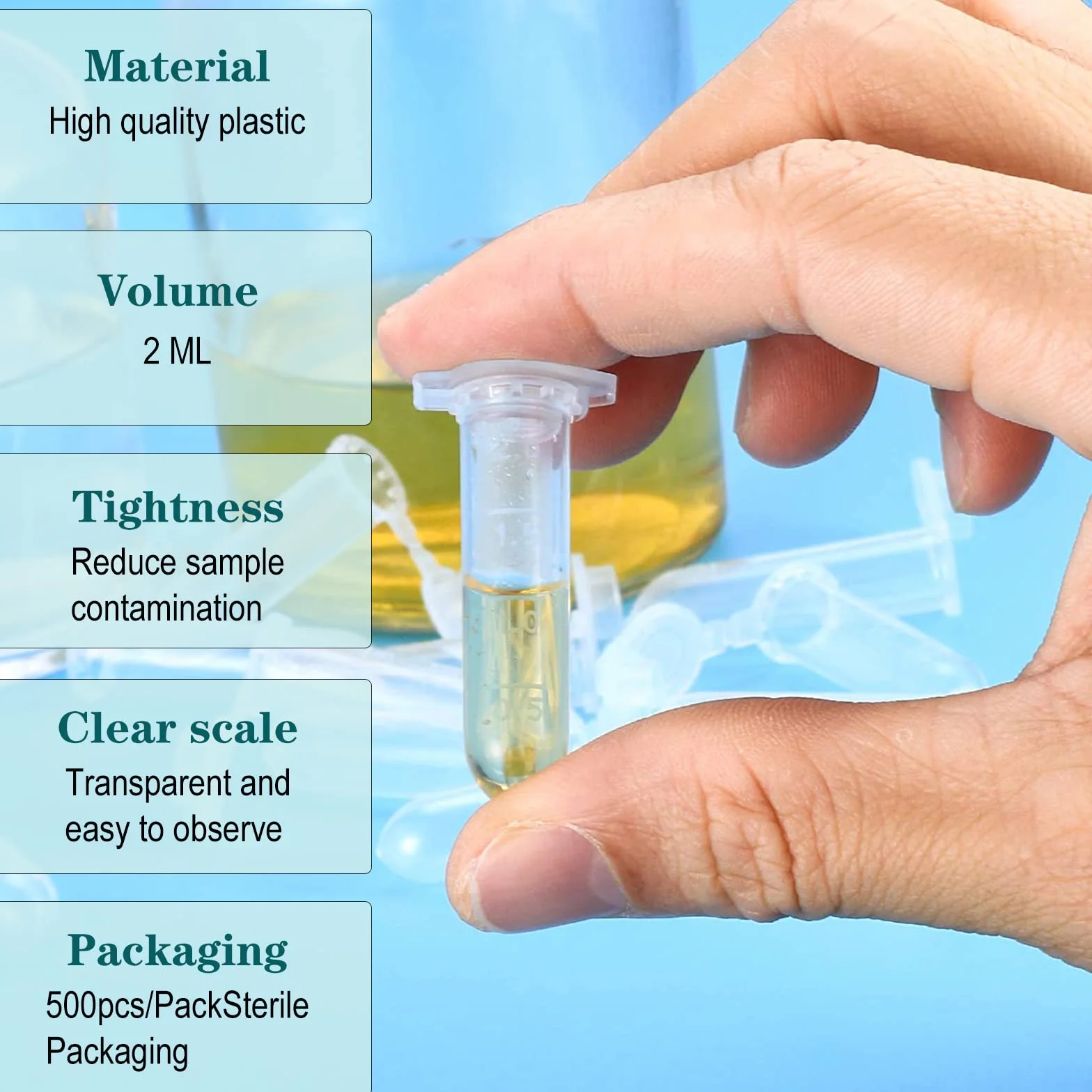 500 tubos de centrífuga 2 ml, recipiente de plástico transparente con tapa para muestras líquidas