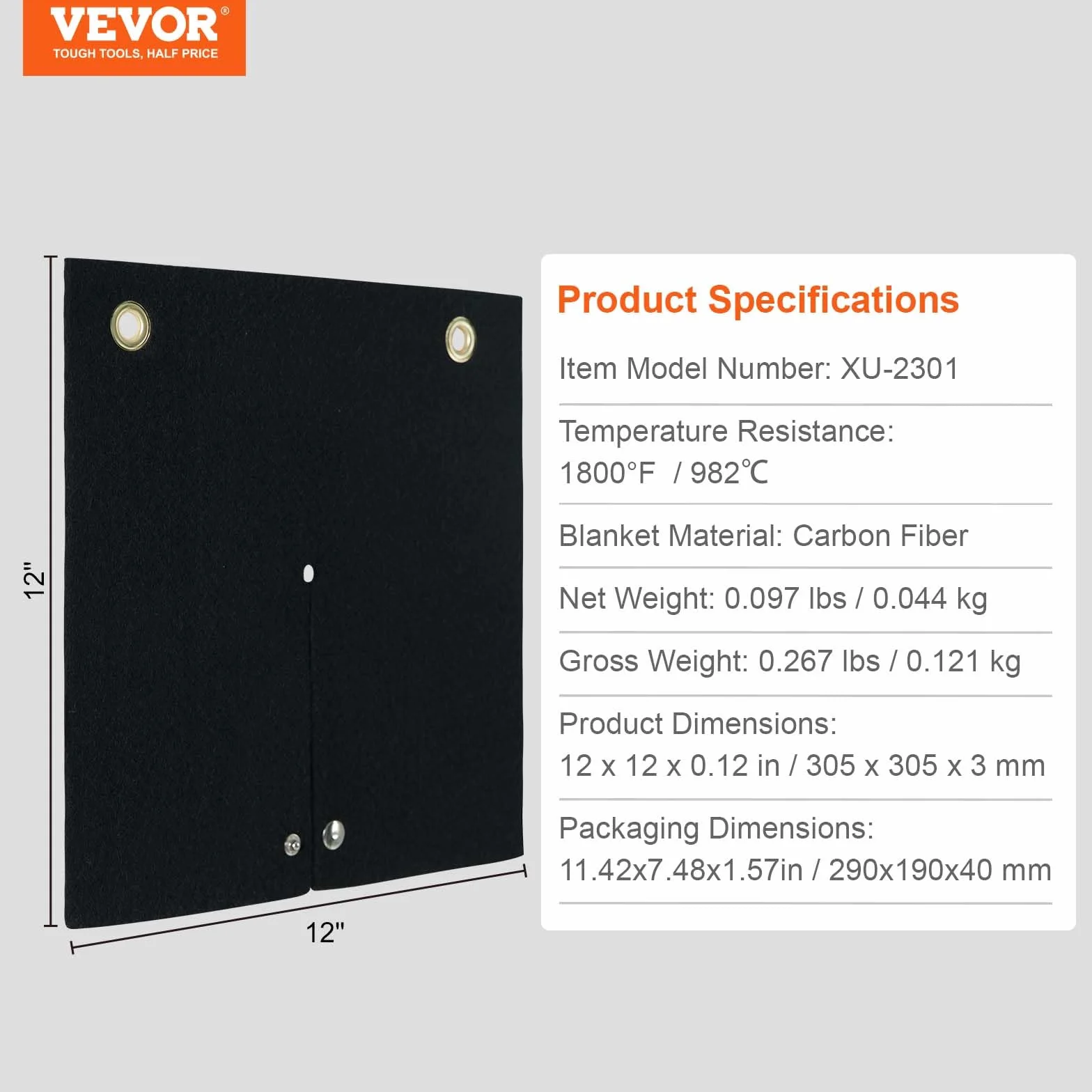 VEVOR Manta de soldadura retardante de llama, manta ignífuga de 305 x 305 mm, fibra de carbono, resistente al calor, 982 ℃, estera de protección de antorcha de propano con ojales metálicos