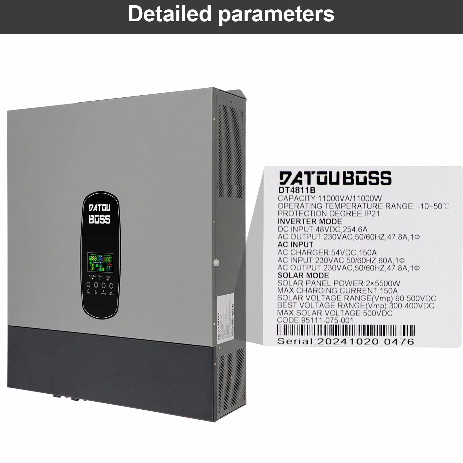 DATOUBOSS 11KW Inversor Híbrido 48V,Inversor Solar Híbrido 48V de Onda Sinusoidal Pura,Admite Funcionamiento en Paralelo y Funcionamiento Sin Batería 150A MPPT,Admite baterías de Plomo-ácido y Litio