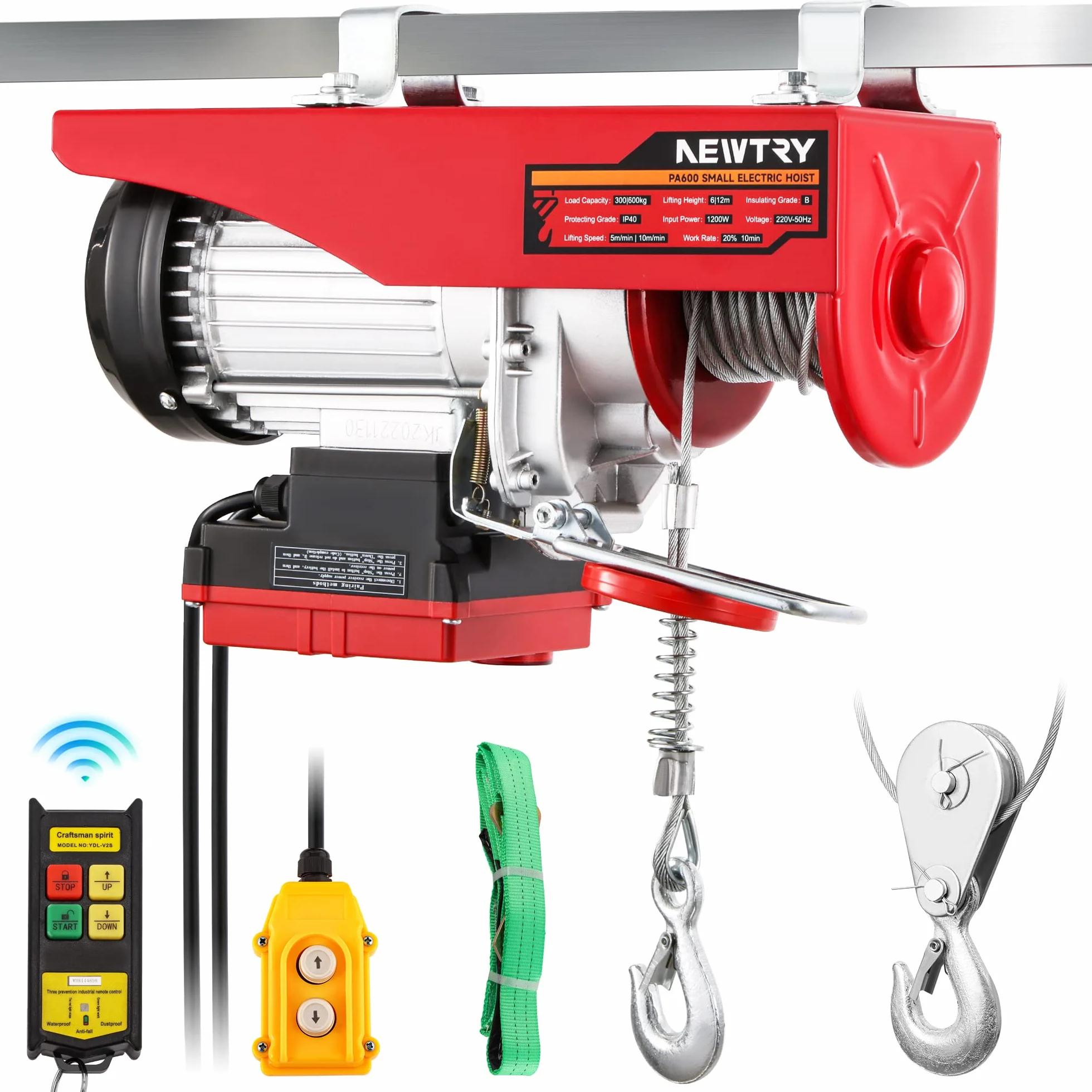 NEWTRY Polipasto Eléctrico 300kg/600kg, 12m/6m Cabrestante Eléctrico, Control Inalámbrico 100m, Control por Cable 2m, para el Hogar Garaje Almacén 1200W