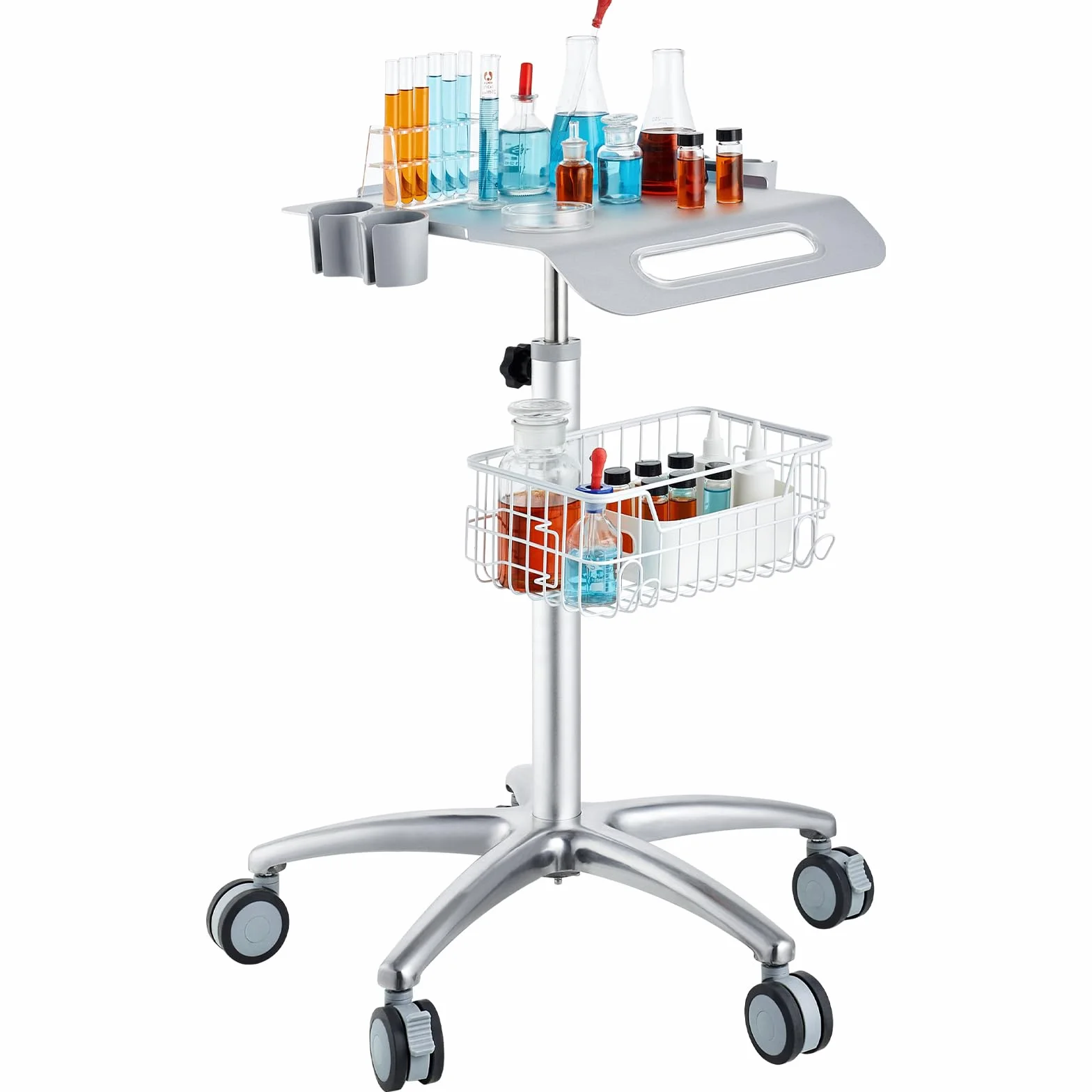VEVOR Carro de laboratorio de aleación de aluminio, carro médico de 3 capas altura ajustable 680-1090 mm Carro de servicio con ruedas y cesta, para laboratorio salón hospital, uso dental