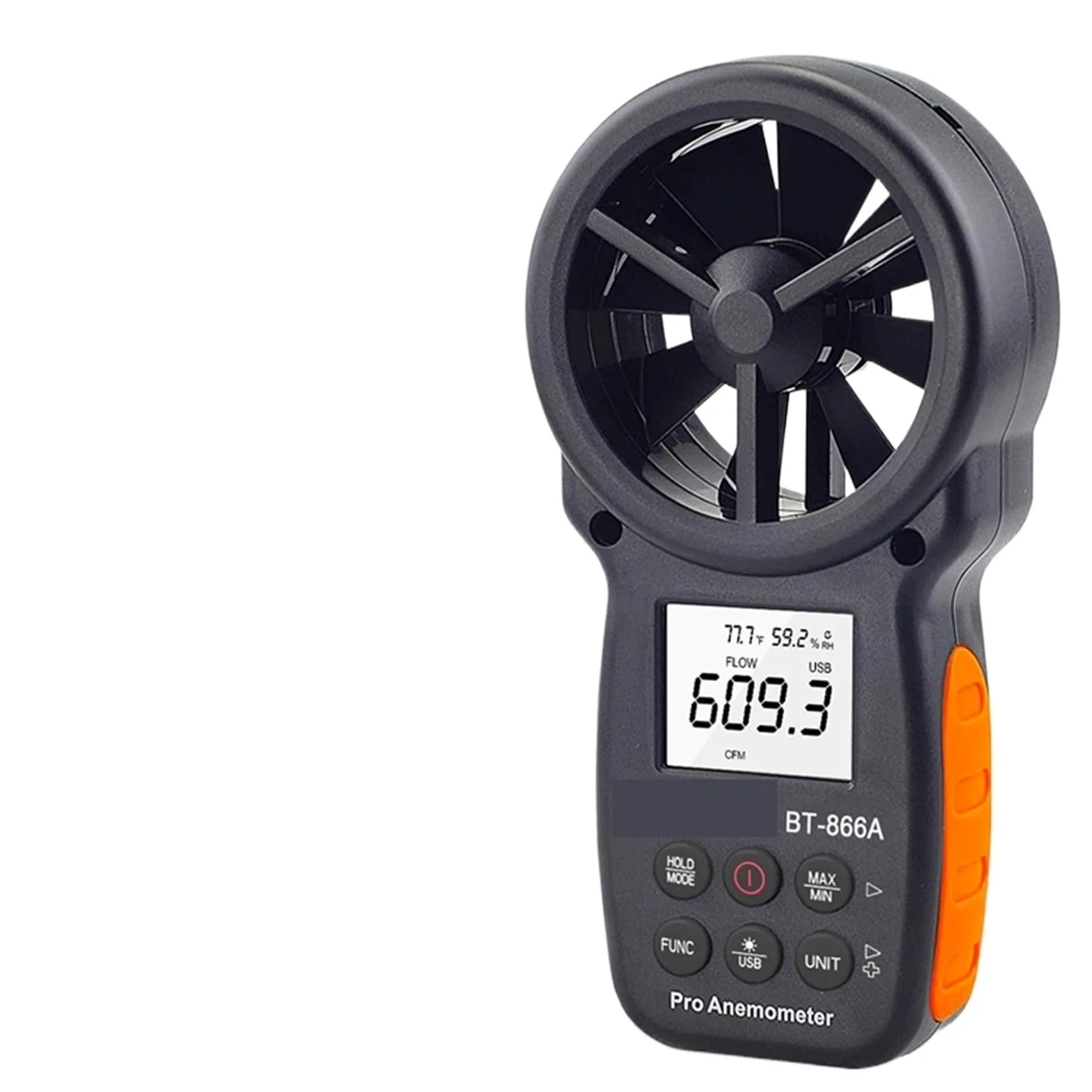 Anemómetro Digital de BT-866A, medidor CFM portátil con conexión USB, medidor de flujo de aire, medida de temperatura del viento/velocidad, sensación térmica CFM