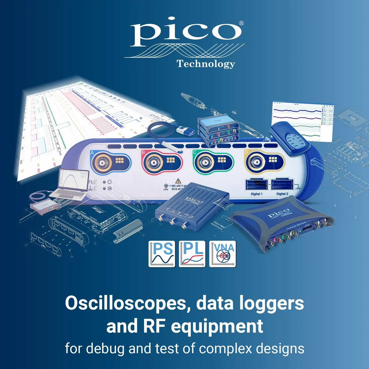 Pico Technology PicoScope 2206B Kit de Osciloscopio 2 canales USB Digital Portatil Osciloscopio, 50 MHz con sondas y PS7 software