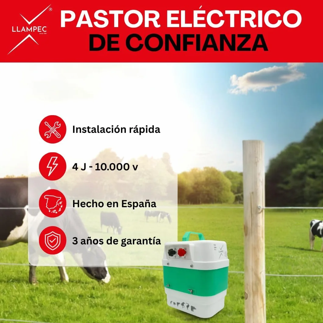 Pastor eléctrico Llampec Mod.16 con batería 12V – 4 J, 9.500 V y 40 km de alcance – Ideal para ganado equino, vacuno, porcino, ovino y animales salvajes – Batería y panel solar no incluidos