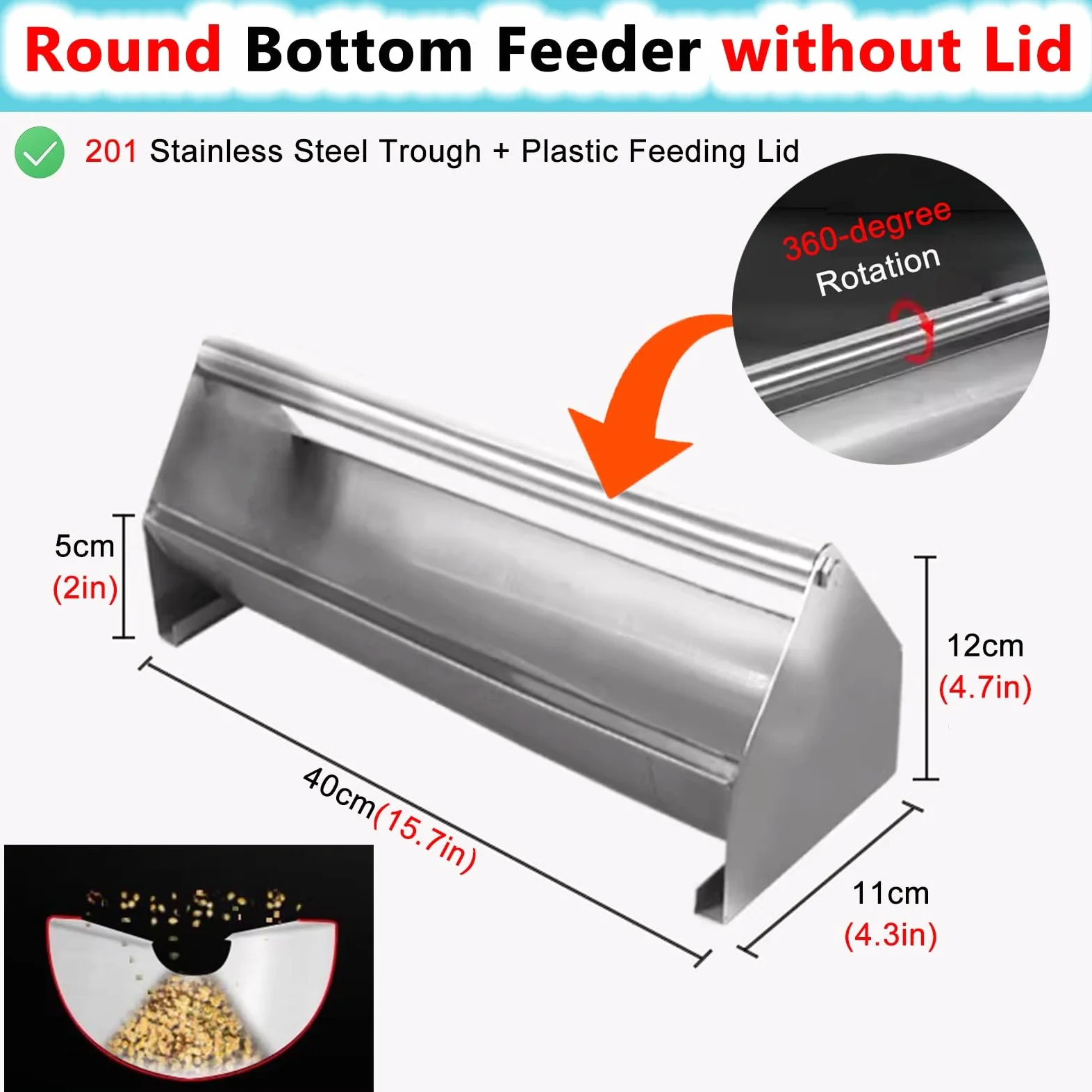 Comedero para palomas de acero inoxidable con barra transversal giratoria, comedero de doble cara para pollitos, patos y pájaros, 100 cm de largo