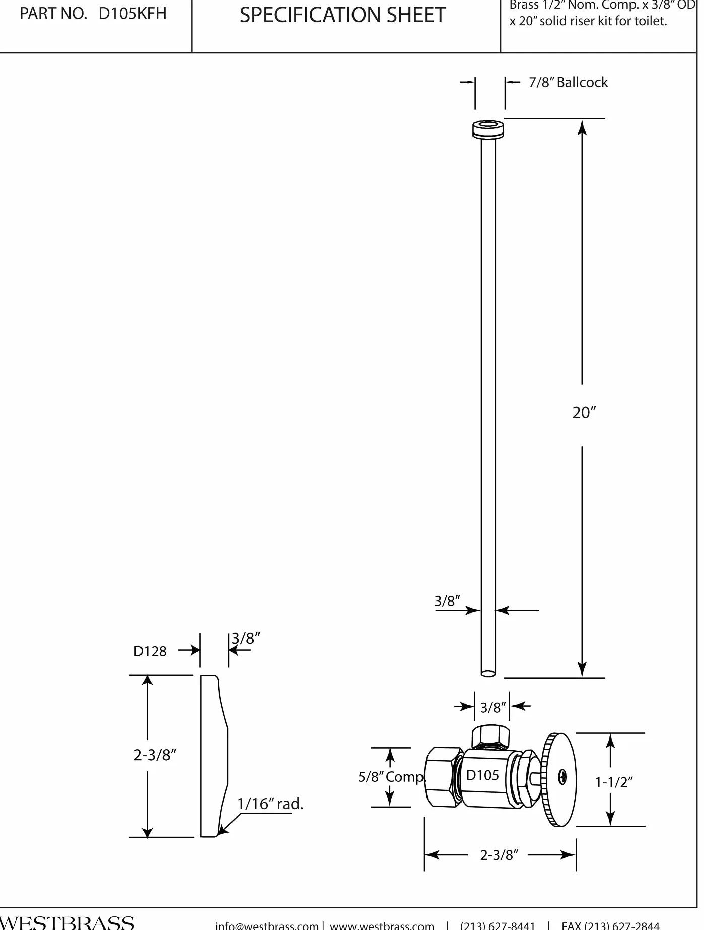 Westbrass d105kfh Toilet Kit – 5/8 en. Od X 3/8 en. Od X 20 en. Soporte de Cabeza