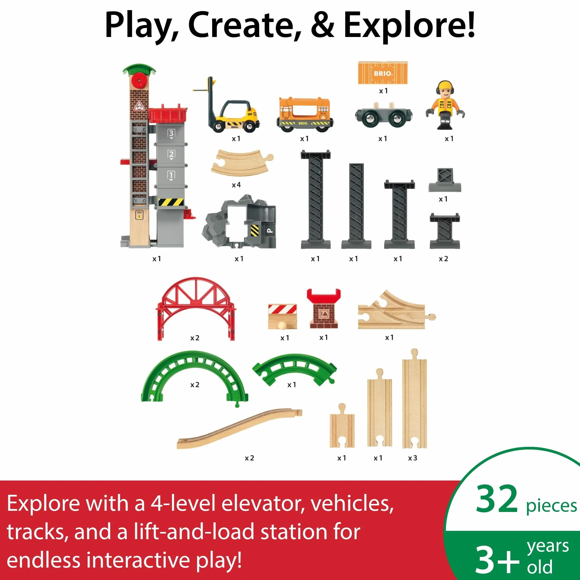 BRIO World Set Almacén Levanta y Carga, Ferrocarriles de Madera, Juguete 32 piezas 3+ Años