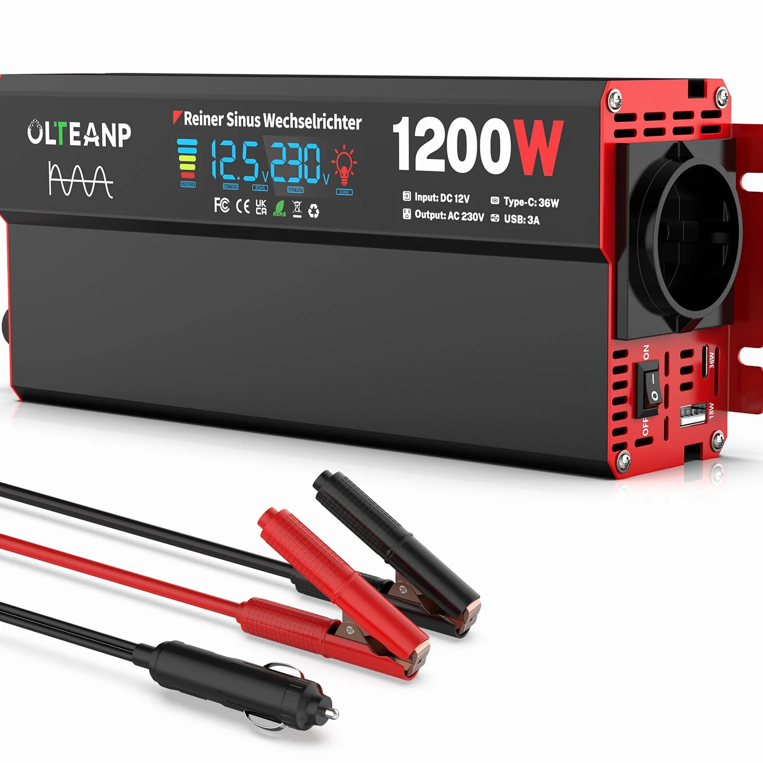 OLTEANP Inversor 12V a 230V Onda Sinusoidal Pura, Convertidor De Voltaje 1200W Inversor con Pantalla LCD, Tomas De CA, Conexión Tipo-C De 36W, Conexión USB De 5V/3A para Camiones, Hogares, Vehículos.