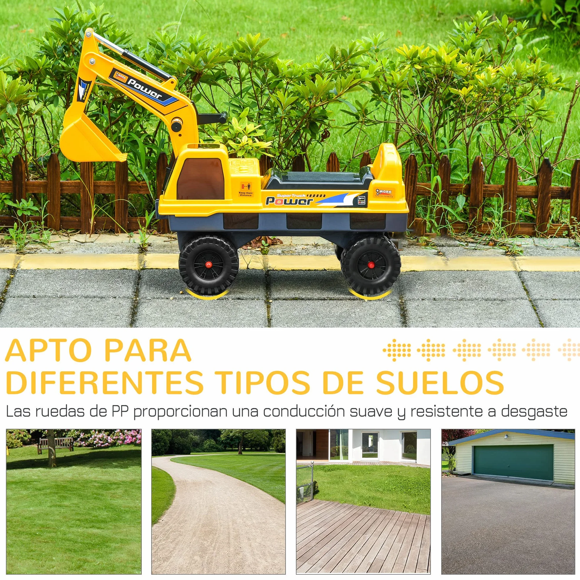 HOMCOM Tractor sin Pedales para Niños Excavadora Correpasillos con Pala Delantera Luces Música 90x28x58 cm Amarillo