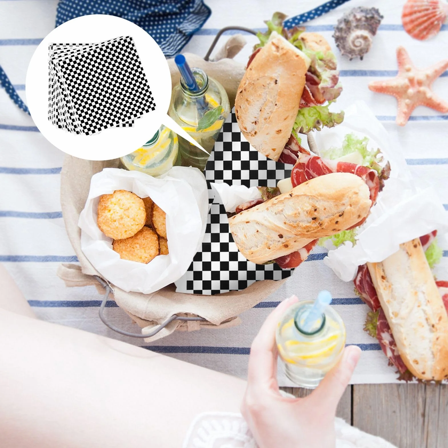 Papel Antigrasa Resistente 100 Piezas Hojas Checkered Deli Basket Liner para Envolver Hamburguesas y Snacks