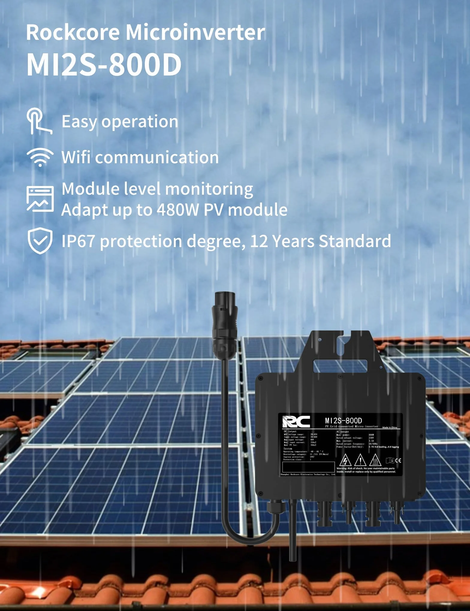 Inversor Micro RC 800W, Certificado CE, Rango de Entrada DC 26-60 V, inversor Solar MPPT, Control de la aplicación Mediante Wi-Fi, Adecuado para Sistemas solares en Balcones, IP67