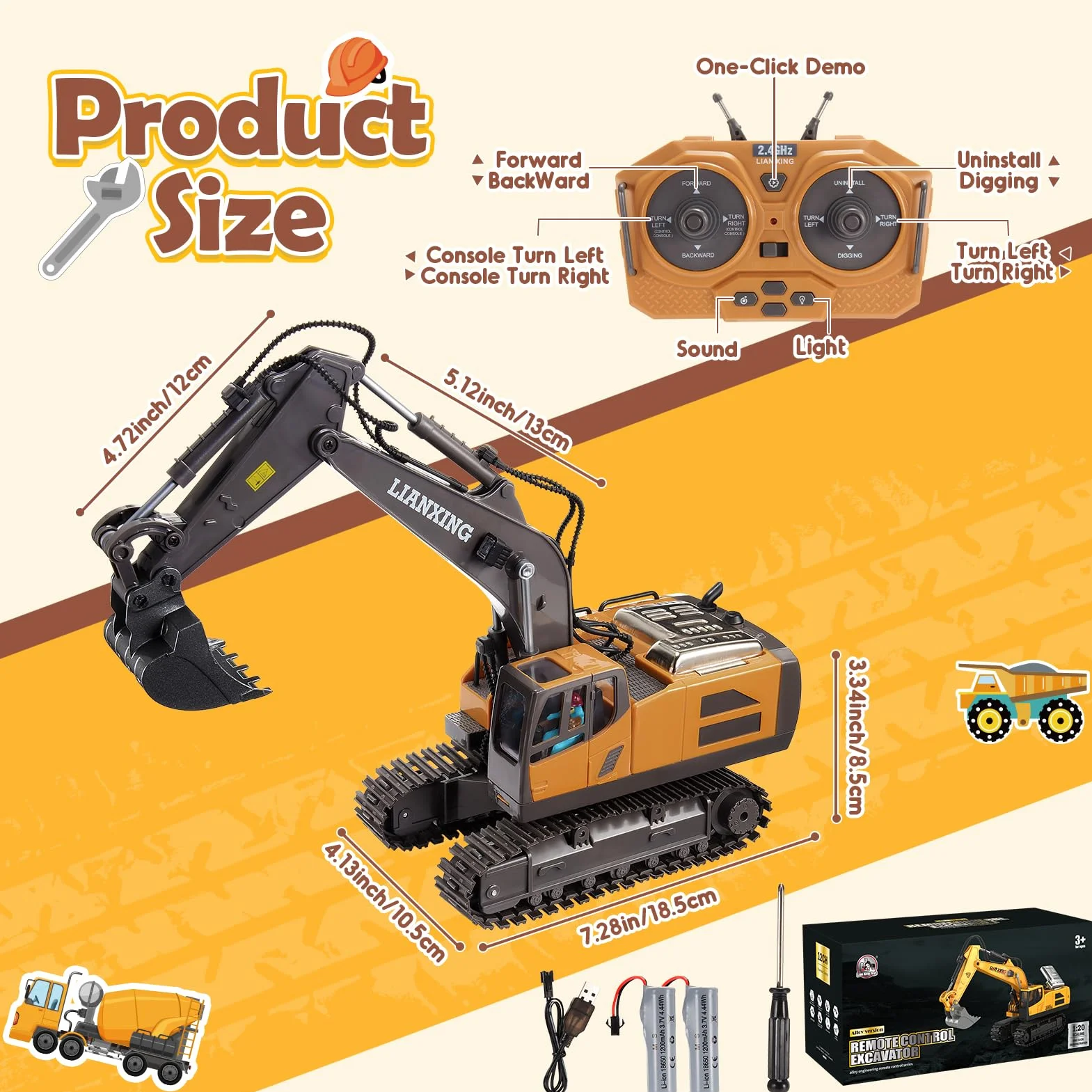 HappyGoLucky excavadora teledirigida RC 1:20 680° rotación con luces juguete para niños 3-8 años